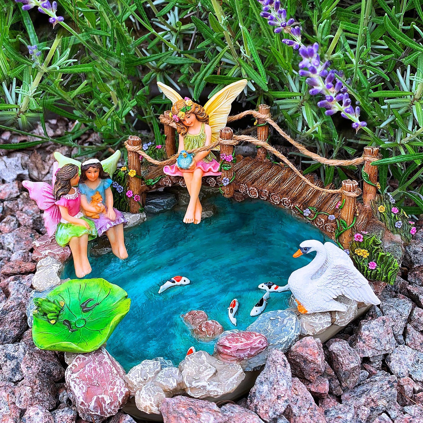 Mood Lab Fairy Garden Fish Pond Kit - Miniature Bridge Set of 6 pcs Fairy Garden Figurines & Accessories - Outdoor or House Decor