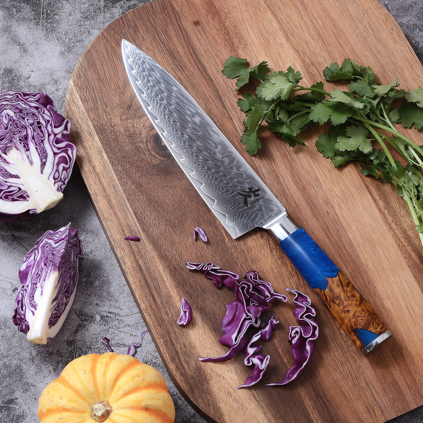 SAMCOOK Damascus Chef Knife - 8 Inch Professional Sharp Gyuto Knife - Japanese VG-10 High Carbon Stainless Steel Kitchen Cooking Knife - Ergonomic Blue Resin Wood Handle with Gift Box