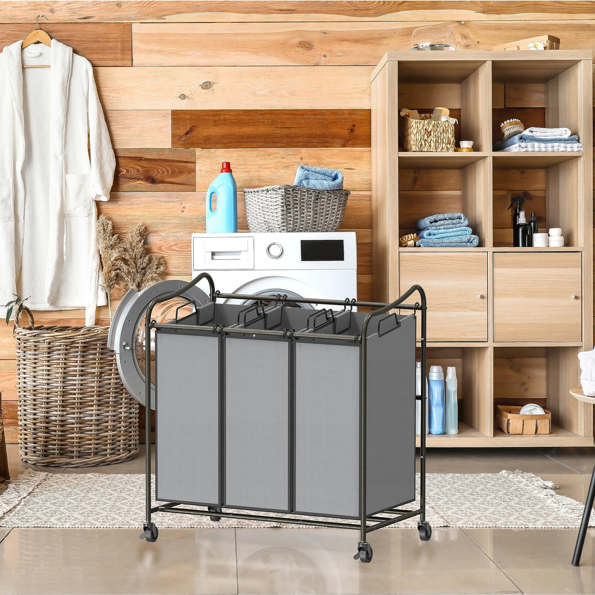 Simple Houseware 3-Section Rolling Laundry Hamper - Heavy Duty Laundry Sorter Cart with Wheels & 3 Removable Bags for Clothes Organization, Dark Grey