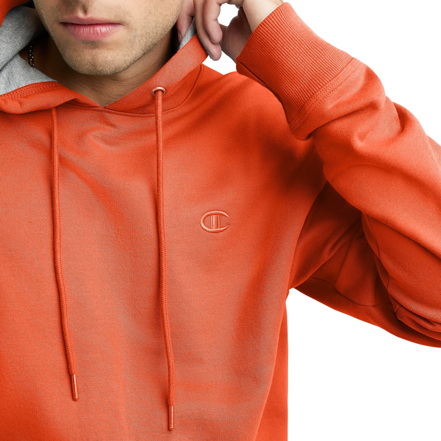 Champion, Powerblend, Fleece Comfortable Hoodie, Sweatshirt for Men (Reg. Or Big & Tall), Spicy Orange C Logo, Large