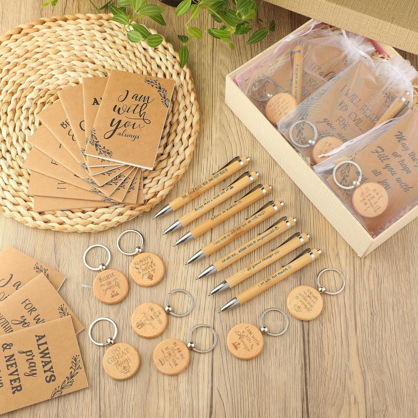 Yeaqee 80 Pcs Christian Gifts Retractable Bamboo Pen Bible Verse Inspirational Notebook Keychain Organza Bags for Women Men Gifts