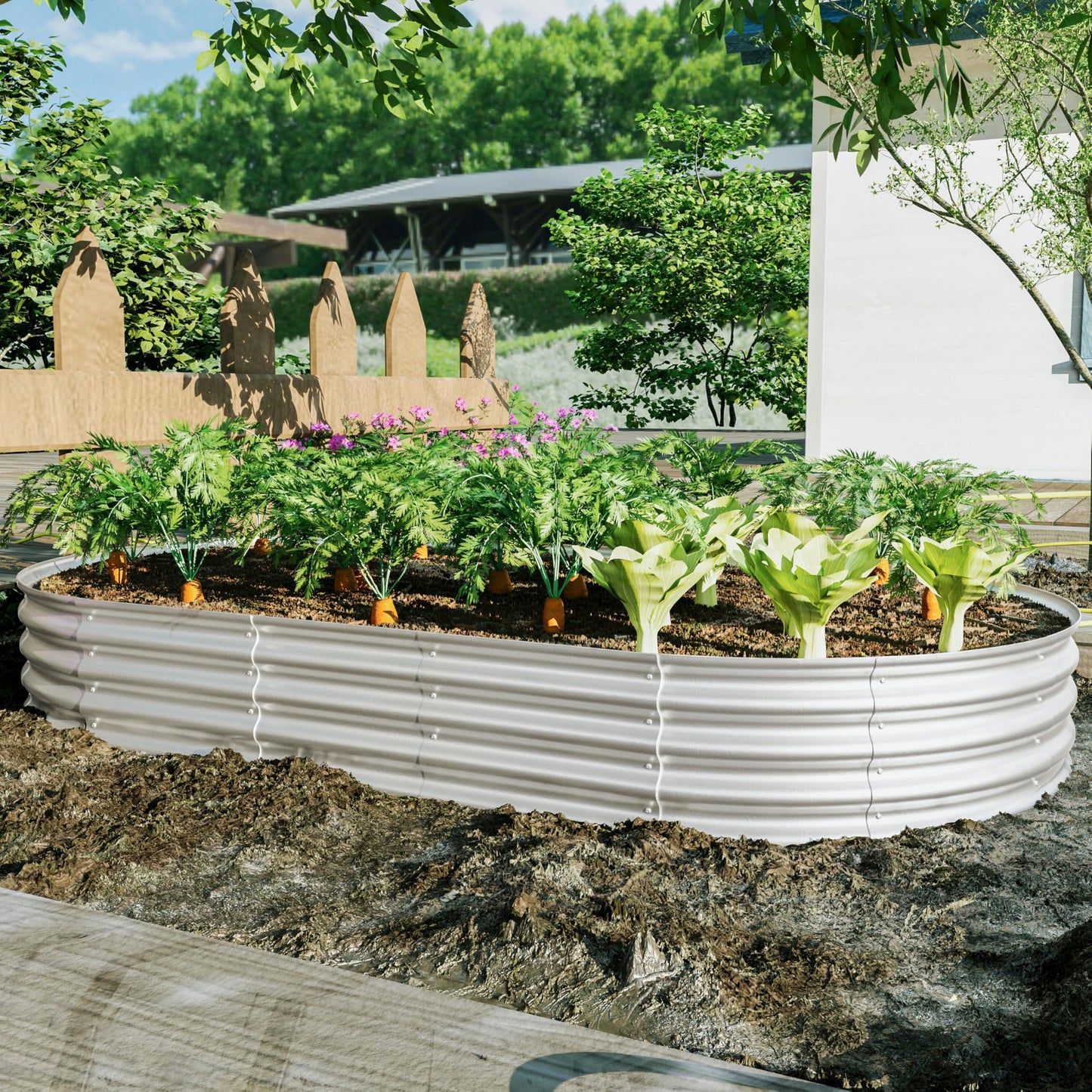 FOUBAM Galvanized Raised Garden Bed Kit, Oval Planters for Outdoor Plants,Galvanized Planter Boxes, Metal Raised Garden Beds Outdoor for Vegetables Flower Herb Patio 8 X 4 X 1 FT
