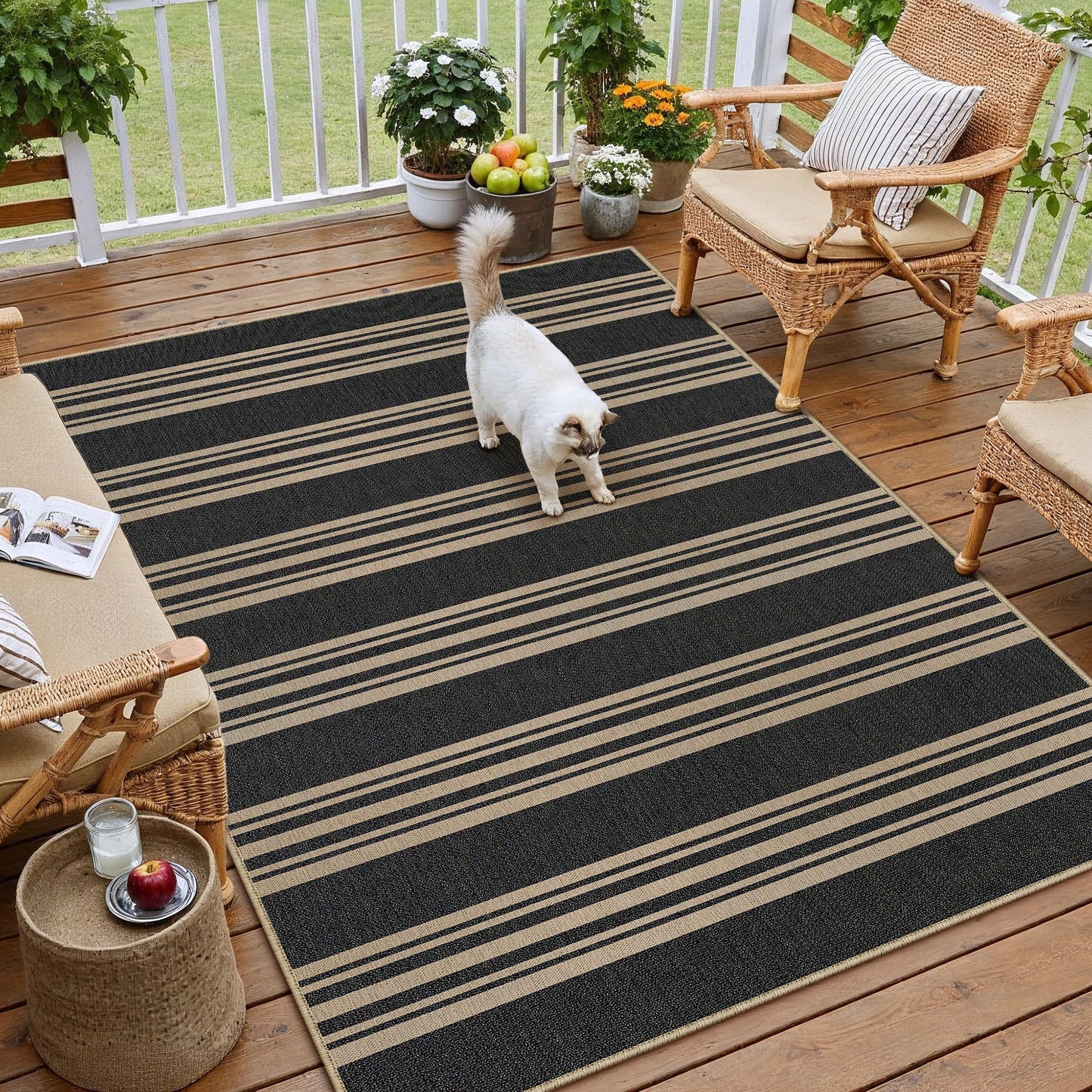 PureCozy Striped Easy Jute Rug 5x7 Outdoor Patio Black Washable Non Slip Office Bedroom Large Carpet Farmhouse Neutral Indoor Outdoor Non Shedding Rug for Backyard Living Room Balcony Porch