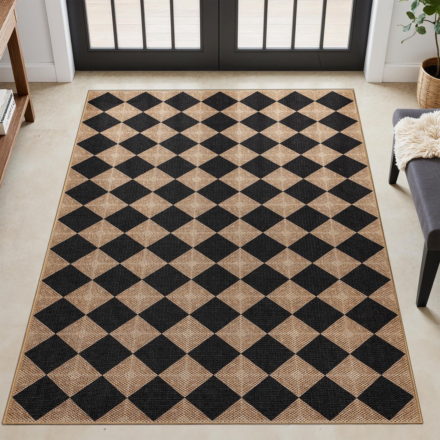 Dadasgk Checkered Easy Jute 3x5 Outdoor Patio Rug, Washable Non Slip Rugs for Entryway,Textured Diamond Indoor Outdoor Living Room Carpet, Farmhouse Neutral Black Door Rug for Backyard Bedroom