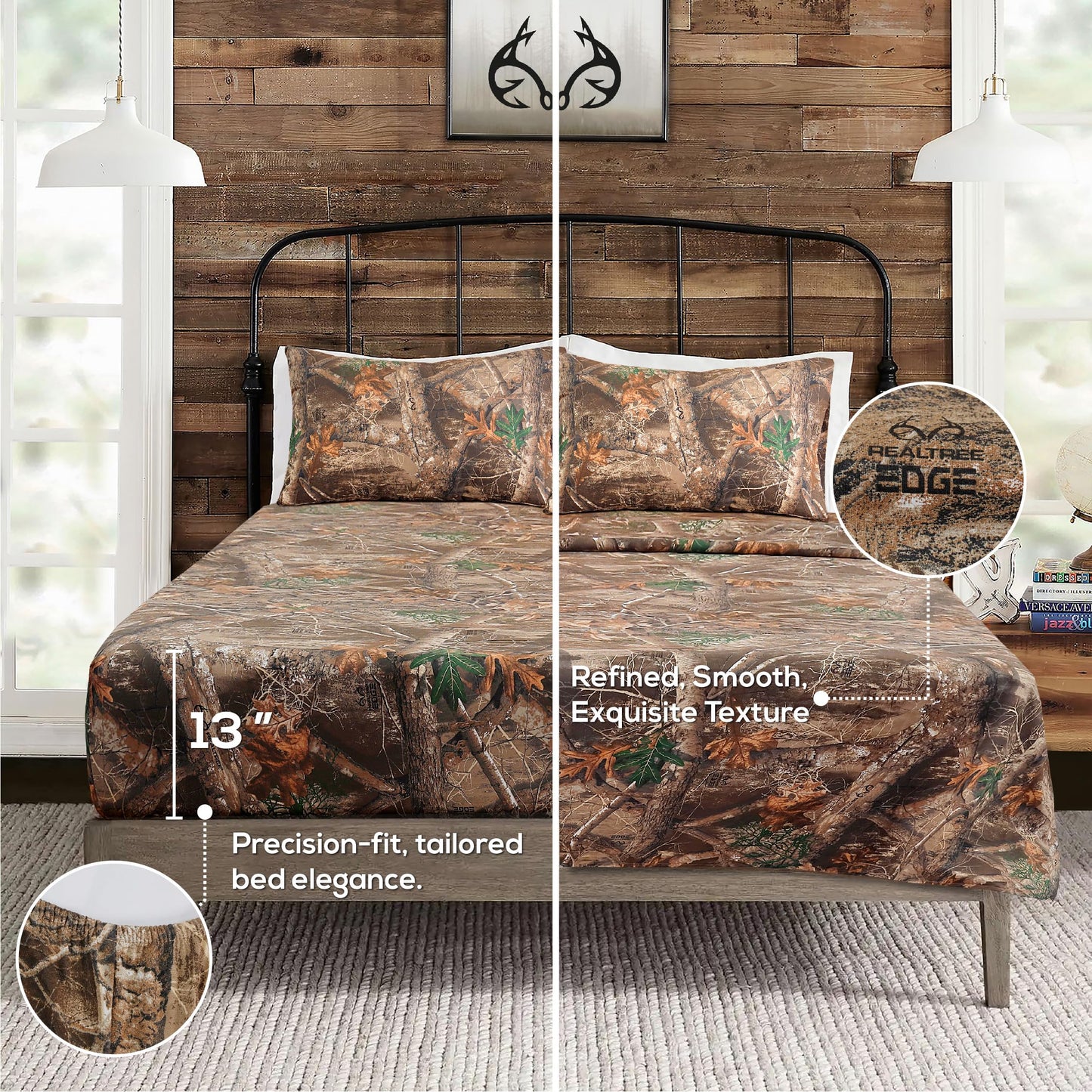 VISI-ONE Realtree Edge King Camo 4 Piece Sheet Set – Lightweight, Cooling, Wrinkle-Free Microfiber 15" Deep Pockets Sheets, Unisex Rustic Western Farmhouse Style Made to Complement All Living Spaces