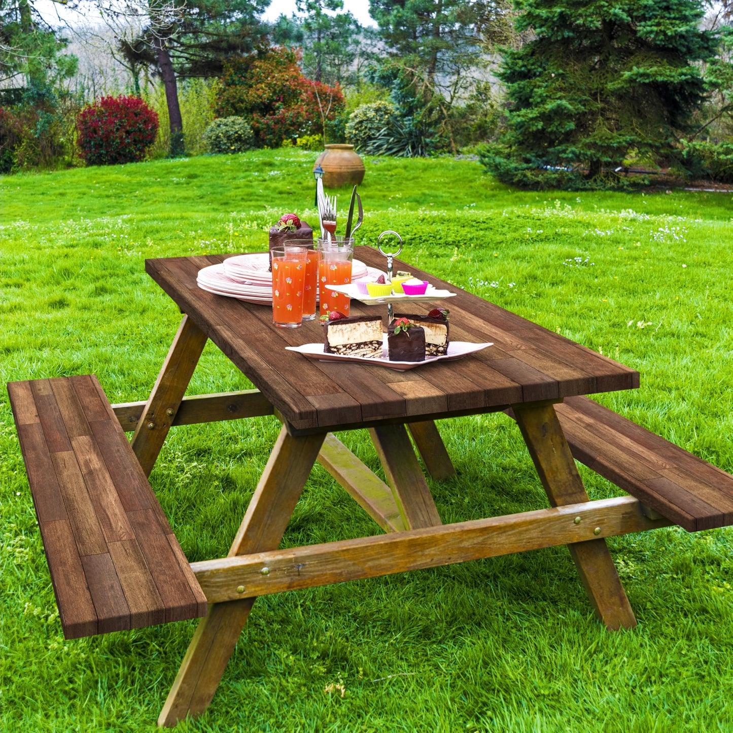 Kamoor Picnic Table Cover with Bench Covers Waterproof Camping Essentials Wooden Brown Elastic Outdoor Fitted Tablecloth Reusable Rectangle Table Cloth for RV Party Travel
