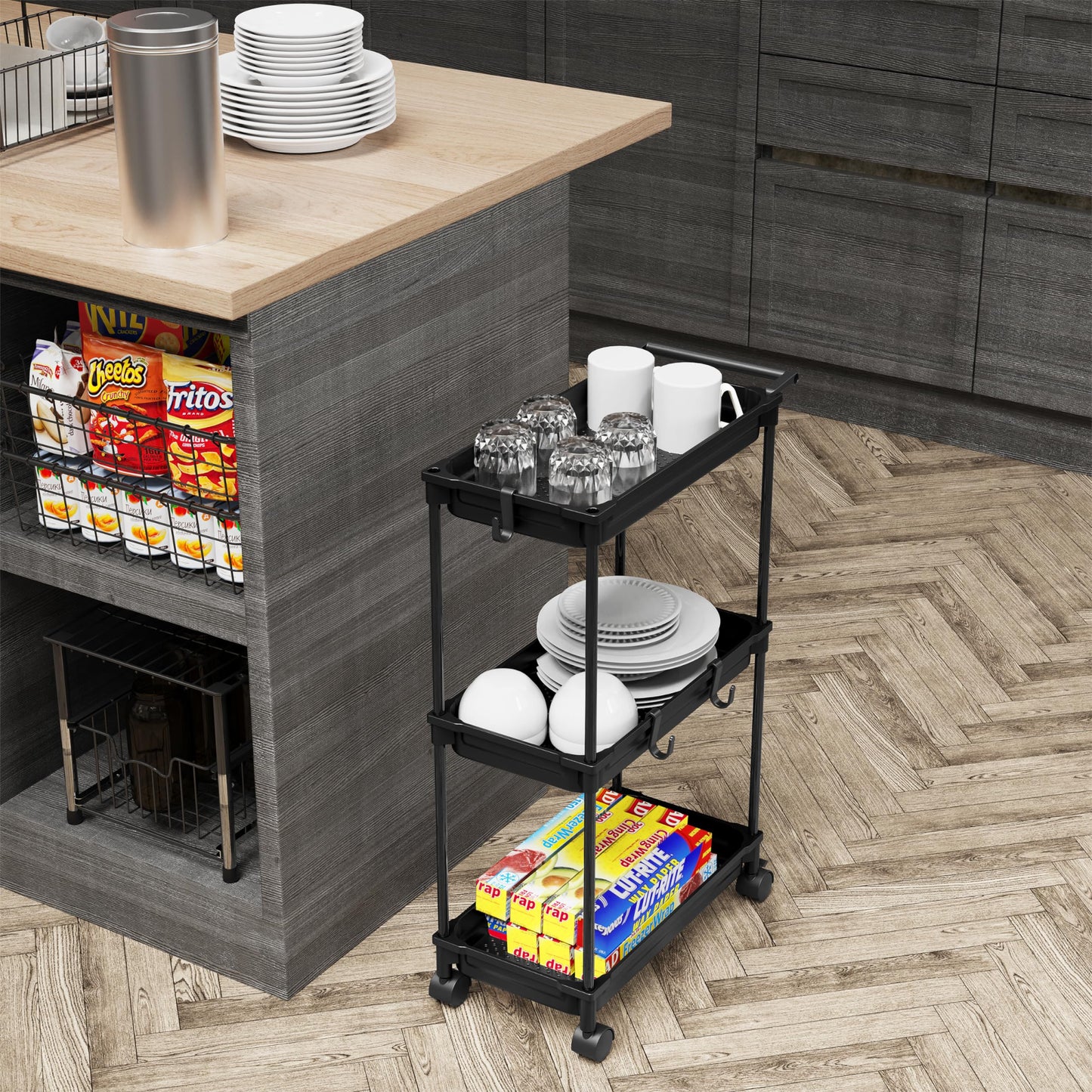 Simple Houseware 3-Tier Slim Storage Cart - Narrow Rolling Utility Cart on Wheels for Tight Spaces - Bathroom, Kitchen & Laundry Organizer, Black
