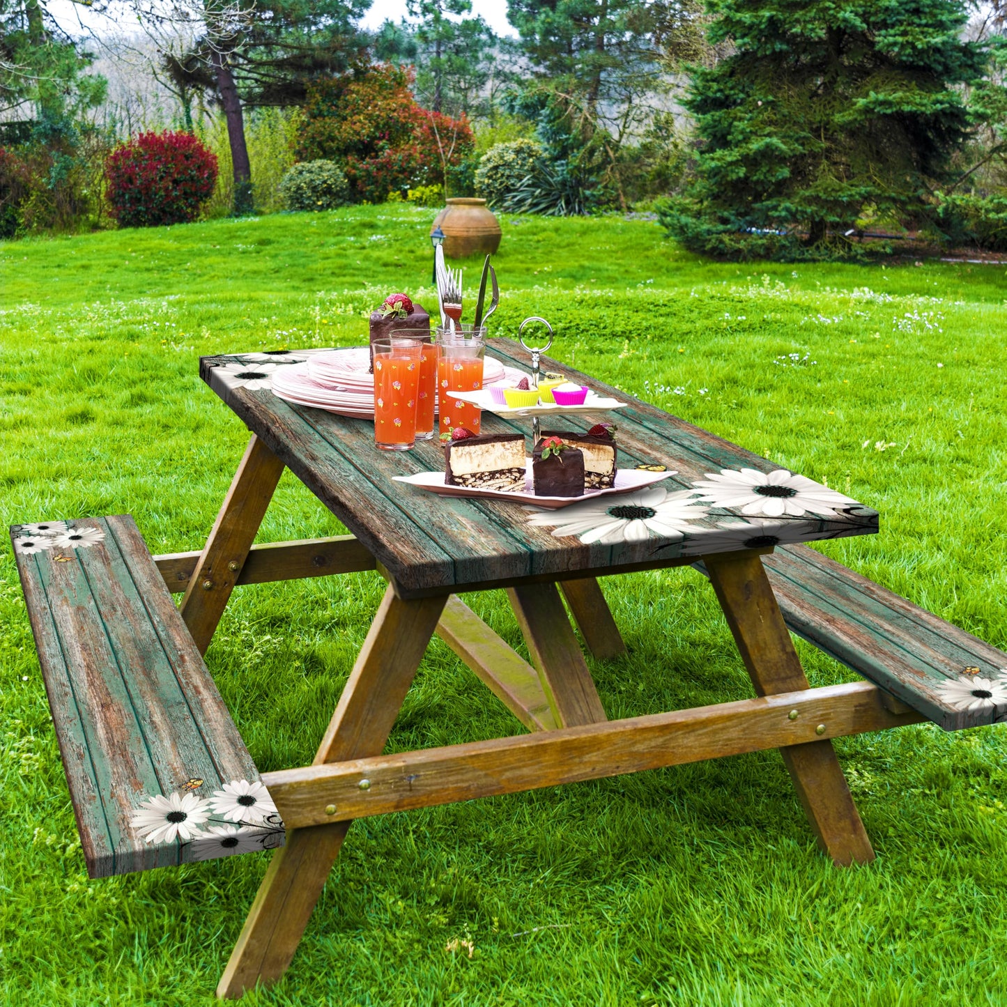 Daisy Flowers Picnic Table Cover with Bench Covers Camping Essentials Wooden Grain Outdoor Table Covers with Elastic Waterproof Fitted Tablecloth for RV Picnic Travel