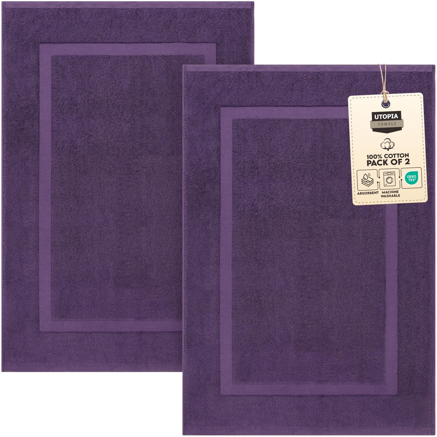 Utopia Towels Cotton Banded Bath Mats, 2 Pack, Not a Bathroom Rug, 21 by 34 Inches, 100% Ring Spun Cotton, Highly Absorbent Shower Bathroom Floor Towel, Plum