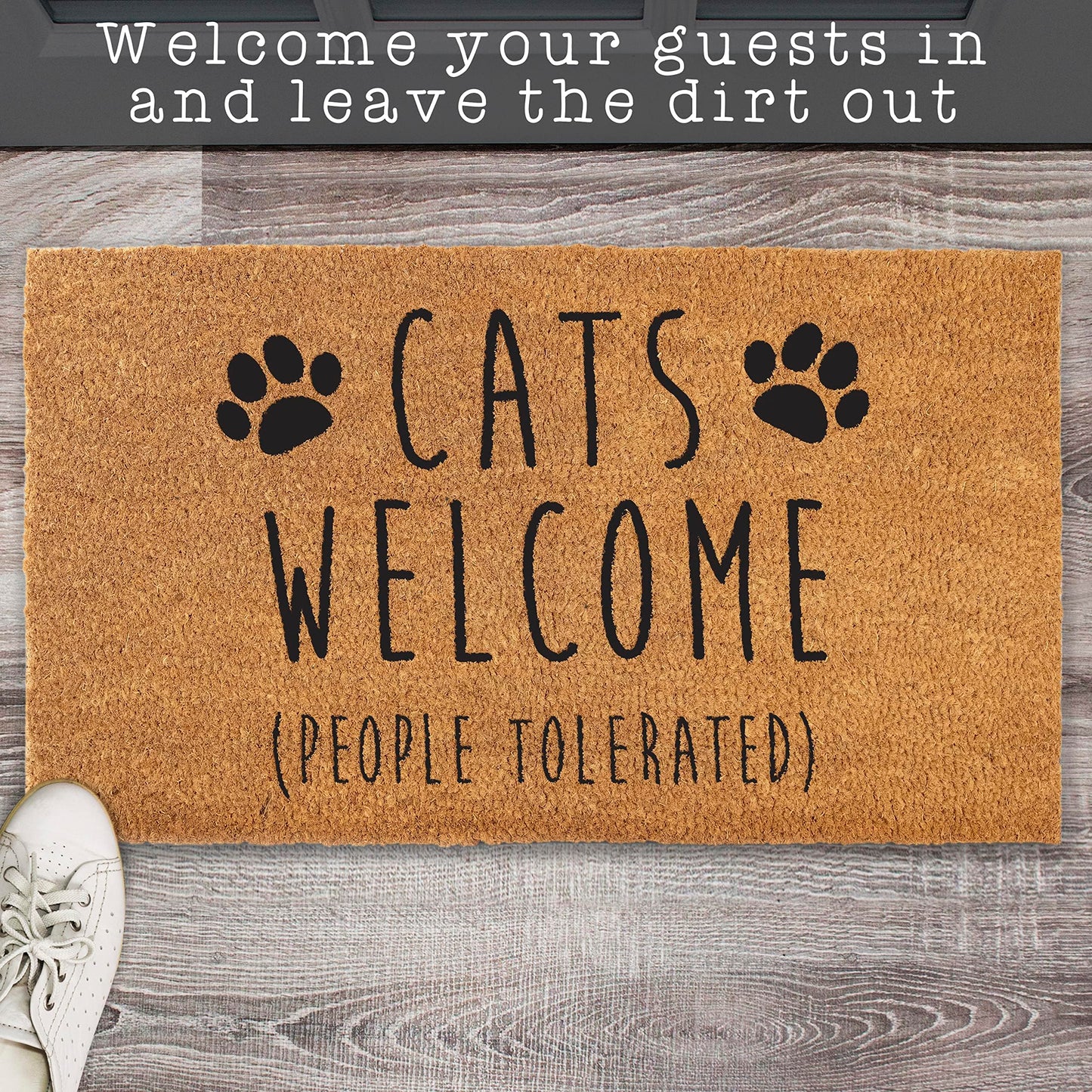 Cats Welcome People Tolerated Doormat 30x17 Inch, Cat Door Mat for Covered Outdoor Area, Black Cat Welcome Mat Gift, Funny Outdoor Decor w/Non Slip PVC Backing