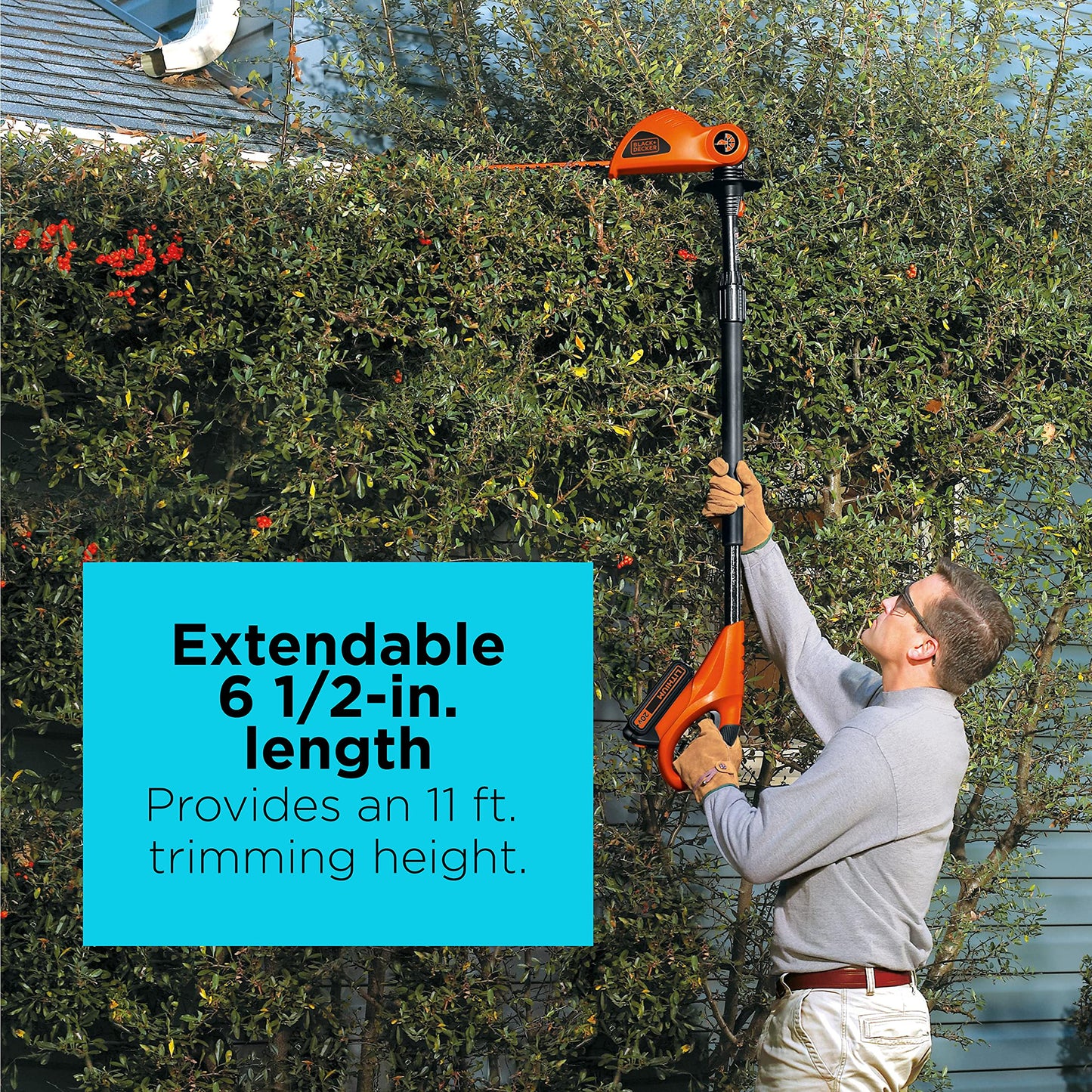 BLACK+DECKER 20V MAX* Cordless Pole Hedge Trimmer 18in, Dual Action Blades, Cut up to 11 ft High (LPHT120-CA)