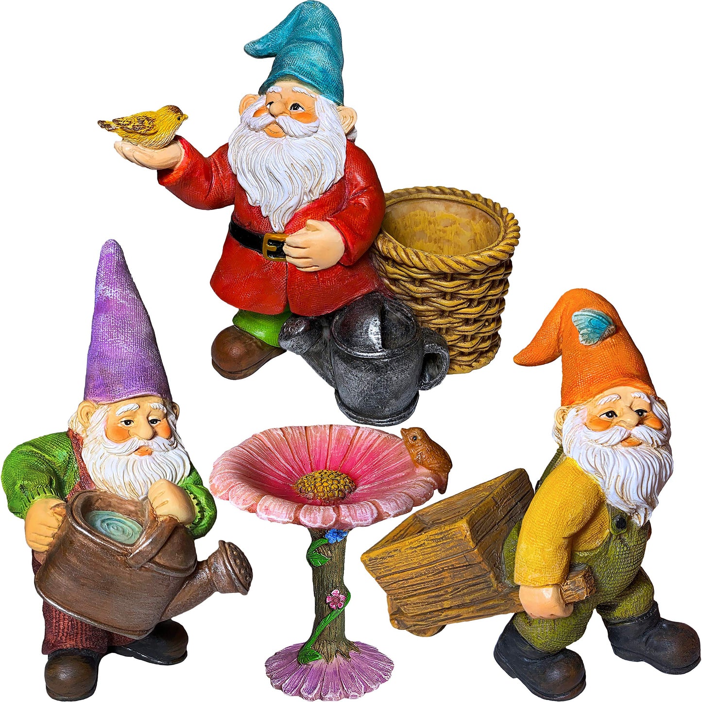 Mood Lab Miniature Garden Gnomes - Gardening Gnome Figurines & Accessories Set (4 pcs) 3.5" H - Indoor Outdoor Garden Decor