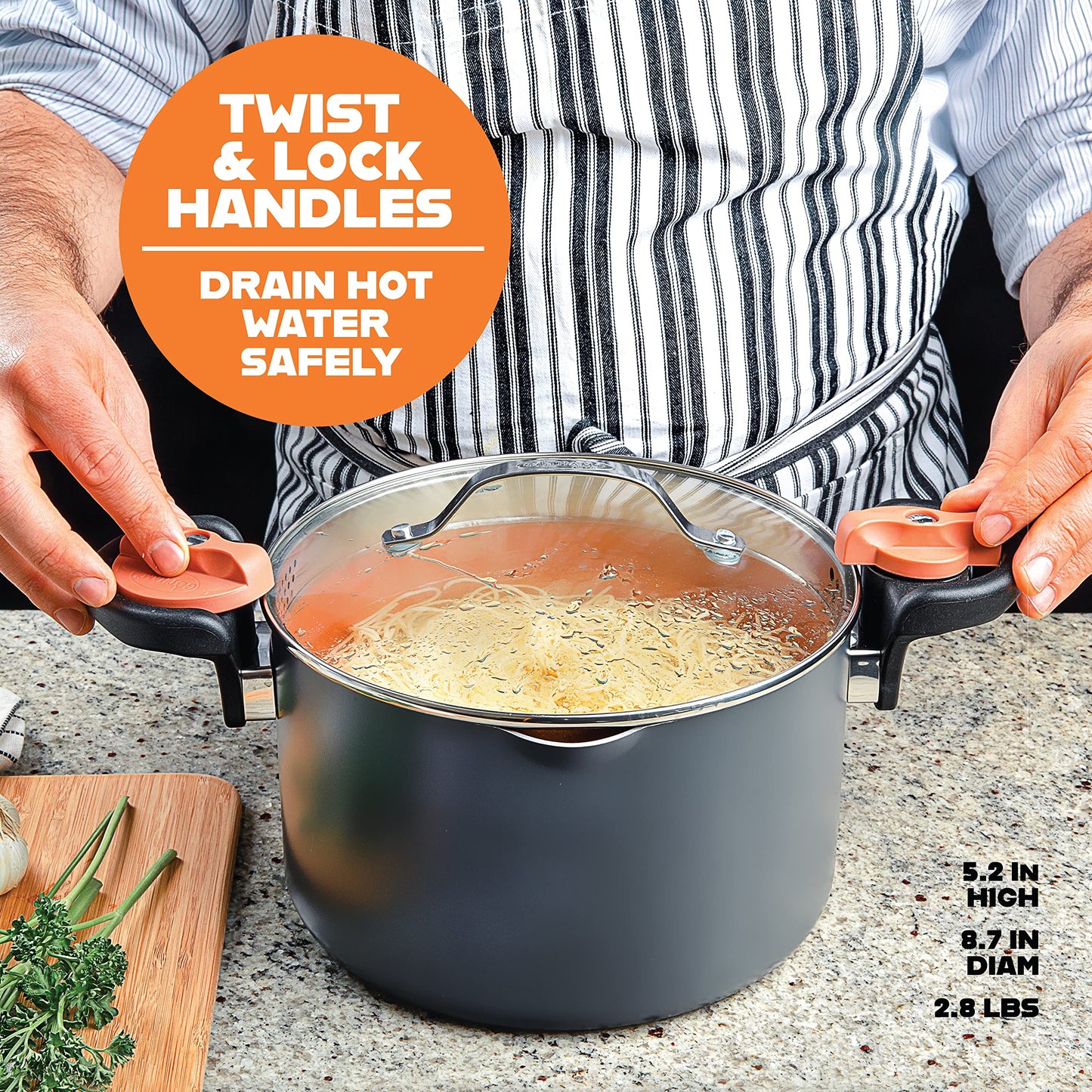 Gotham Steel 5 Quart Stock Pot with Strainer Lid, Nonstick Coated Ceramic Pot, Soup Pot, Pasta Pot with Strainer Insert, Cooking Pot with Lid and Twist Lock Handles, Dishwasher Safe, 100% Toxin Free