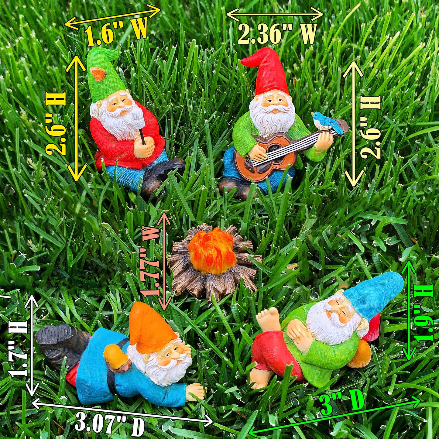 Mood Lab Miniature Garden Gnomes - Camping Gnome Figurines & Accessories Set (5 pcs) 2.6" H - Indoor Outdoor Garden Decor