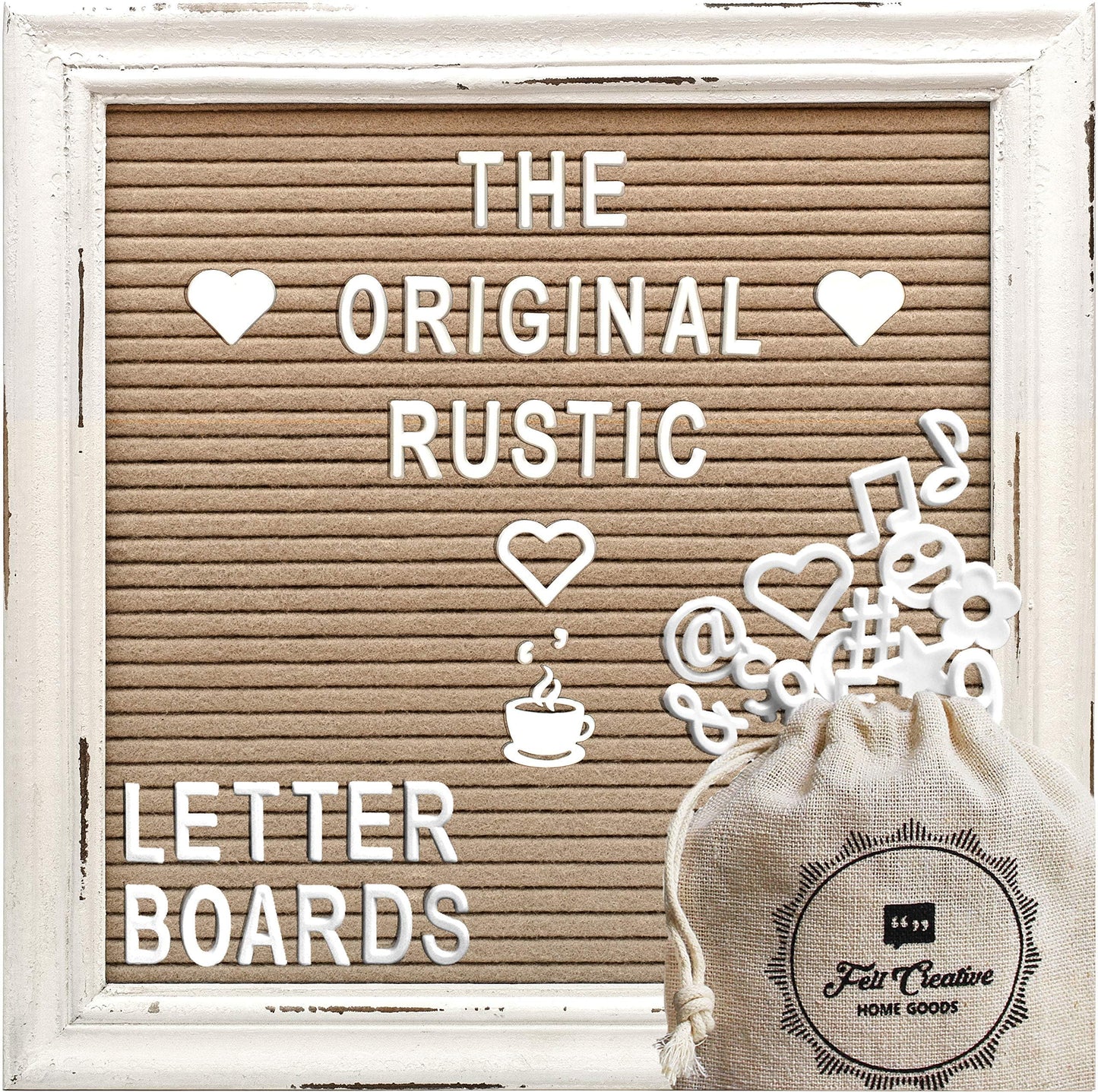Cappuccino Felt Letter Board Back to School Sign with Rustic Wood White Frame - Farmhouse Letter Board Sign with Stand - Baby Announcement 10x10 Felt Board Changeable Message Board with 350 Letter Set