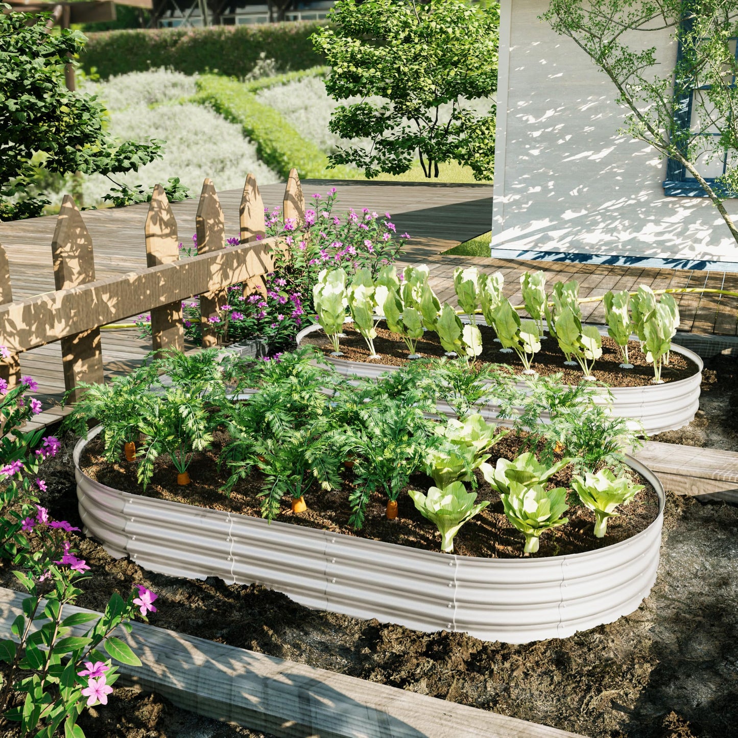 FOUBAM Galvanized Raised Garden Bed Kit, Oval Planters for Outdoor Plants,Galvanized Planter Boxes, Metal Raised Garden Beds Outdoor for Vegetables Flower Herb Patio 8 X 4 X 1 FT