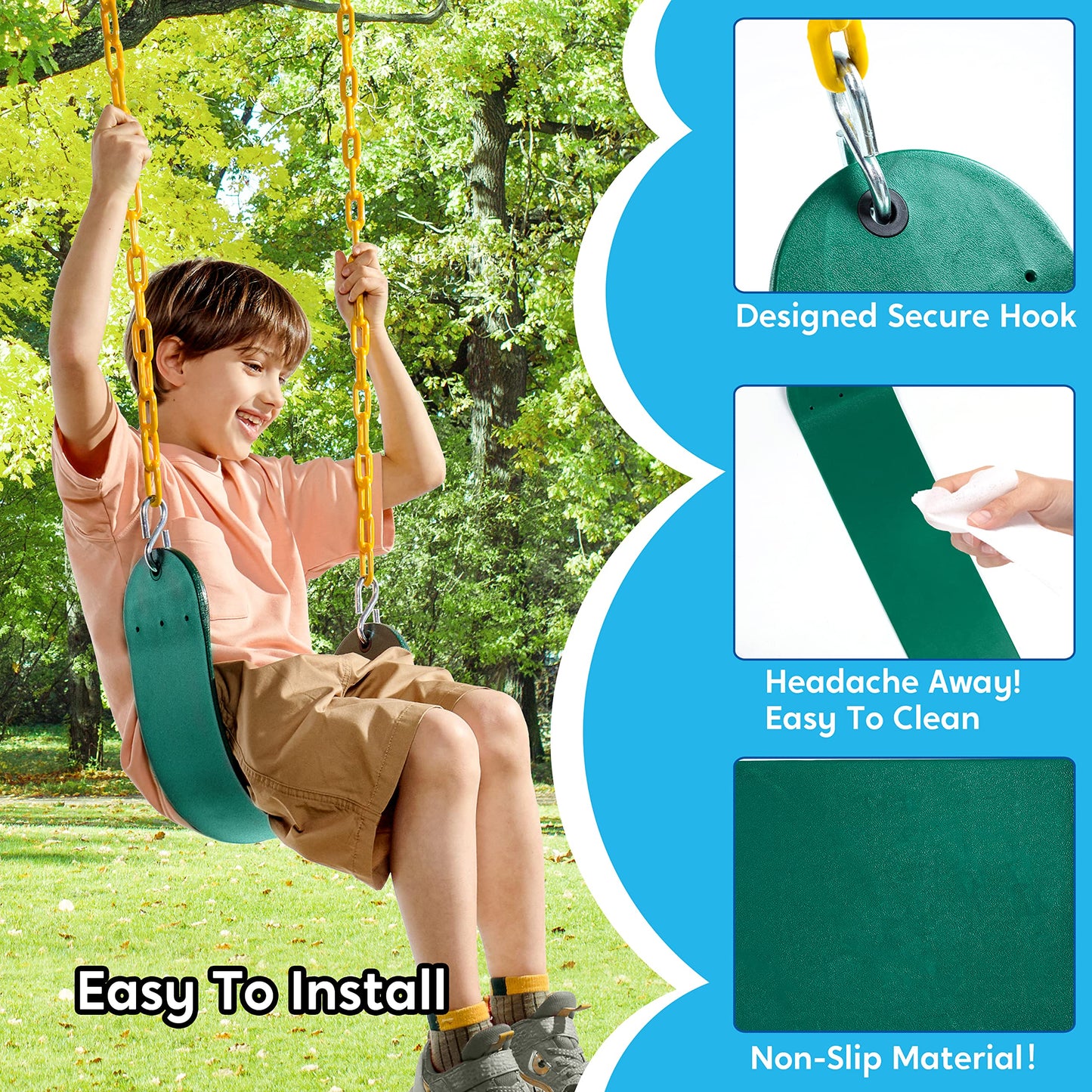 TURFEE Heavy Duty Swing Seat Green Color with 66” Chain, Swing Set Accessories Replacement with Snap Hooks for Kids Outdoor Play Playground Swing, Trees, Swing Set