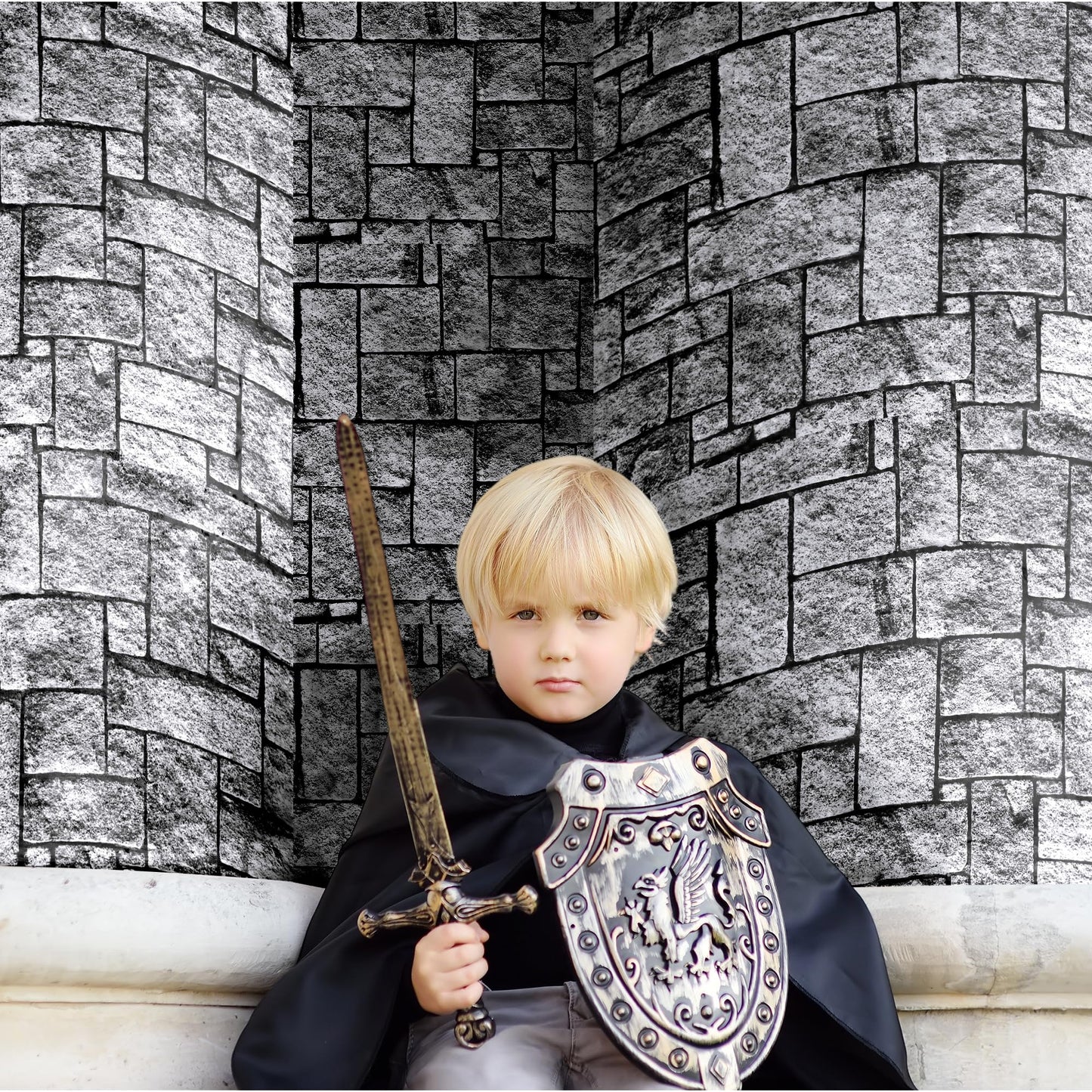 Aneco Halloween Stone Wall Tablecloth Roll with Cutter Box 120 Ft X 54 Inch Disposable Brick Stone Plastic Table Cover Medieval Brick Wall Backdrops for Castle Knight Theme Parties and Birthdays