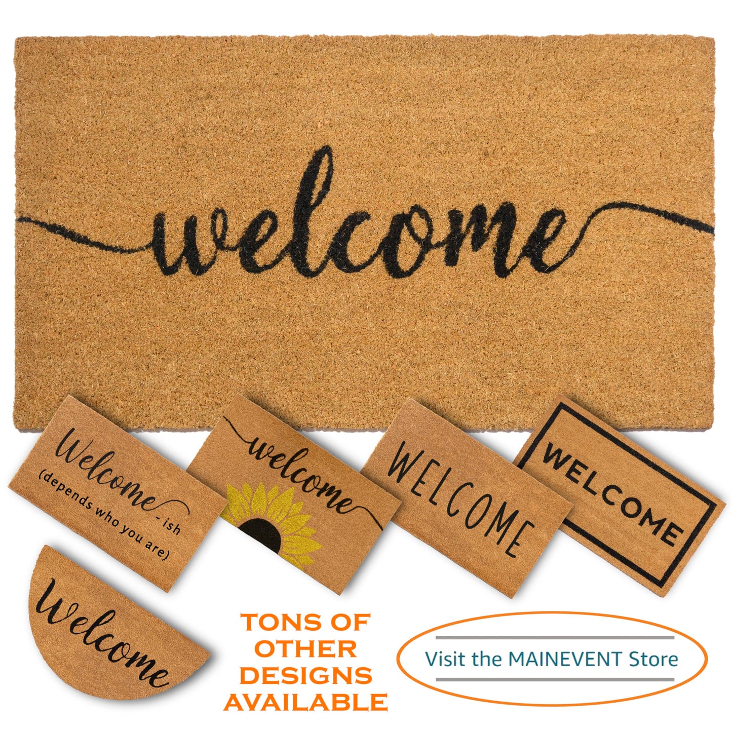 Outdoor Welcome Mat 30x17 Inch Script, Welcome Doormat for Covered Outdoor Area, Coir Door Mat w/Non-Slip PVC Backing