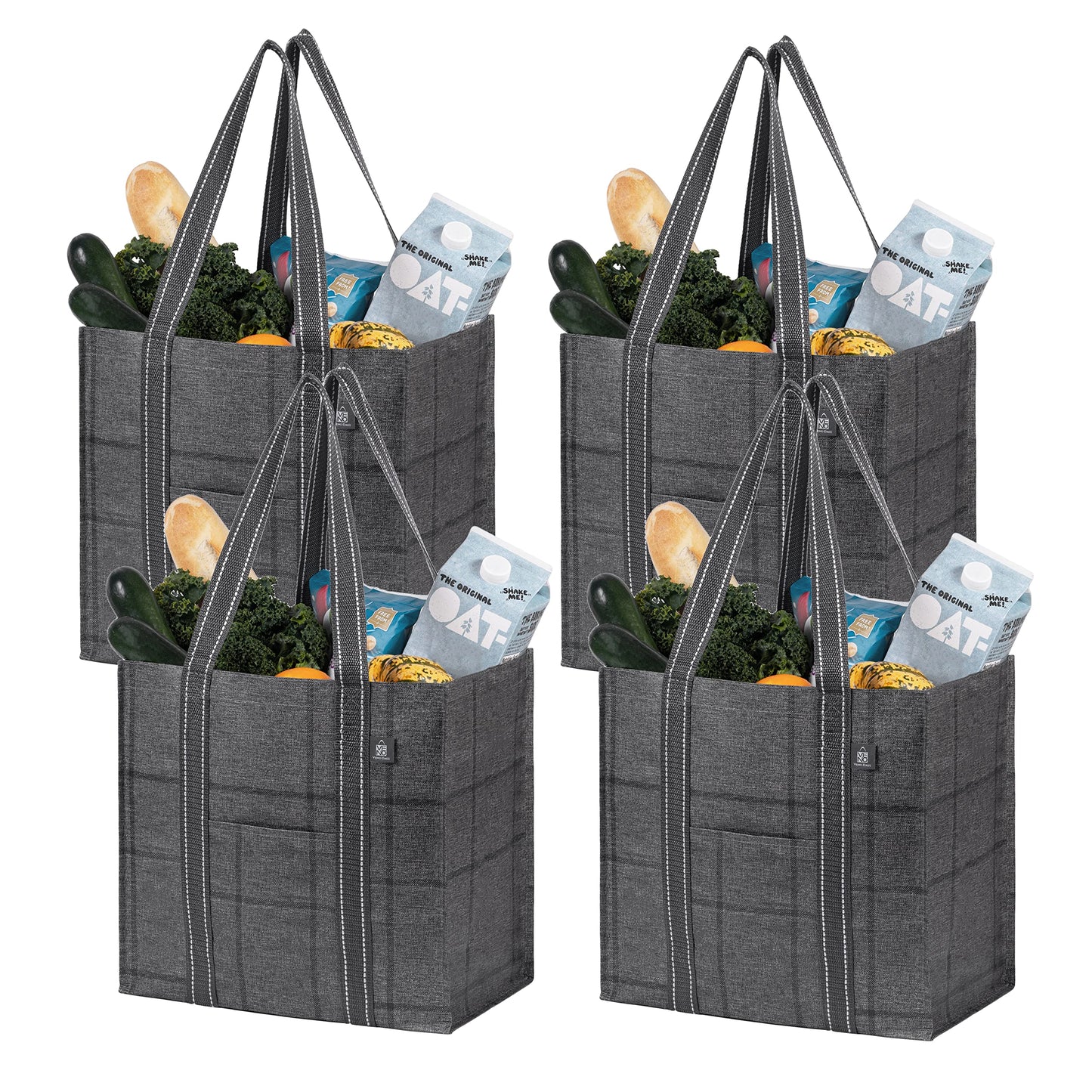 VENO Reusable Grocery Shopping Bags Foldable, Sac Reutilisable Epicerie, Grocery Tote Bags w/Hard Bottom, Multipurpose Utility Tote Bags (Windowpane, 4 Pack)