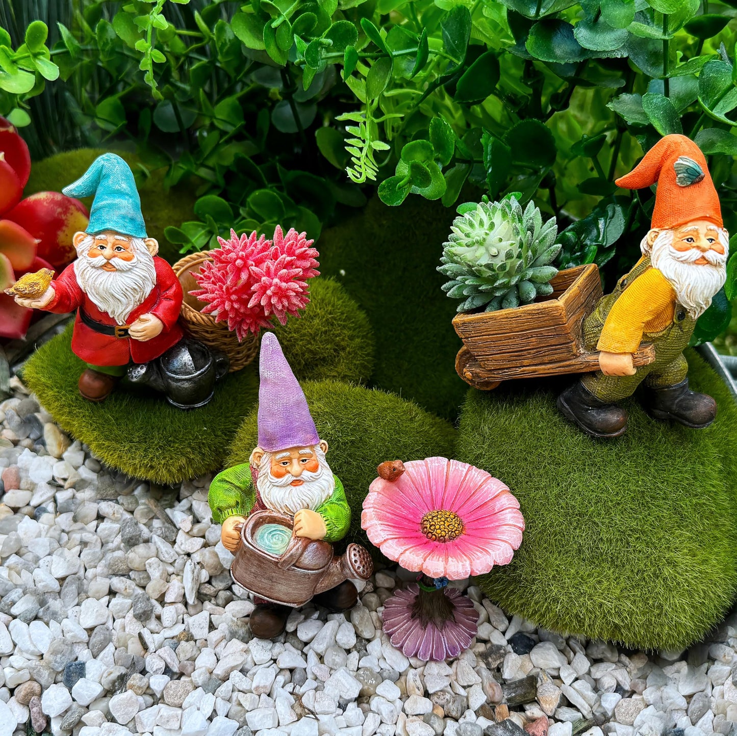 Mood Lab Miniature Garden Gnomes - Gardening Gnome Figurines & Accessories Set (4 pcs) 3.5" H - Indoor Outdoor Garden Decor