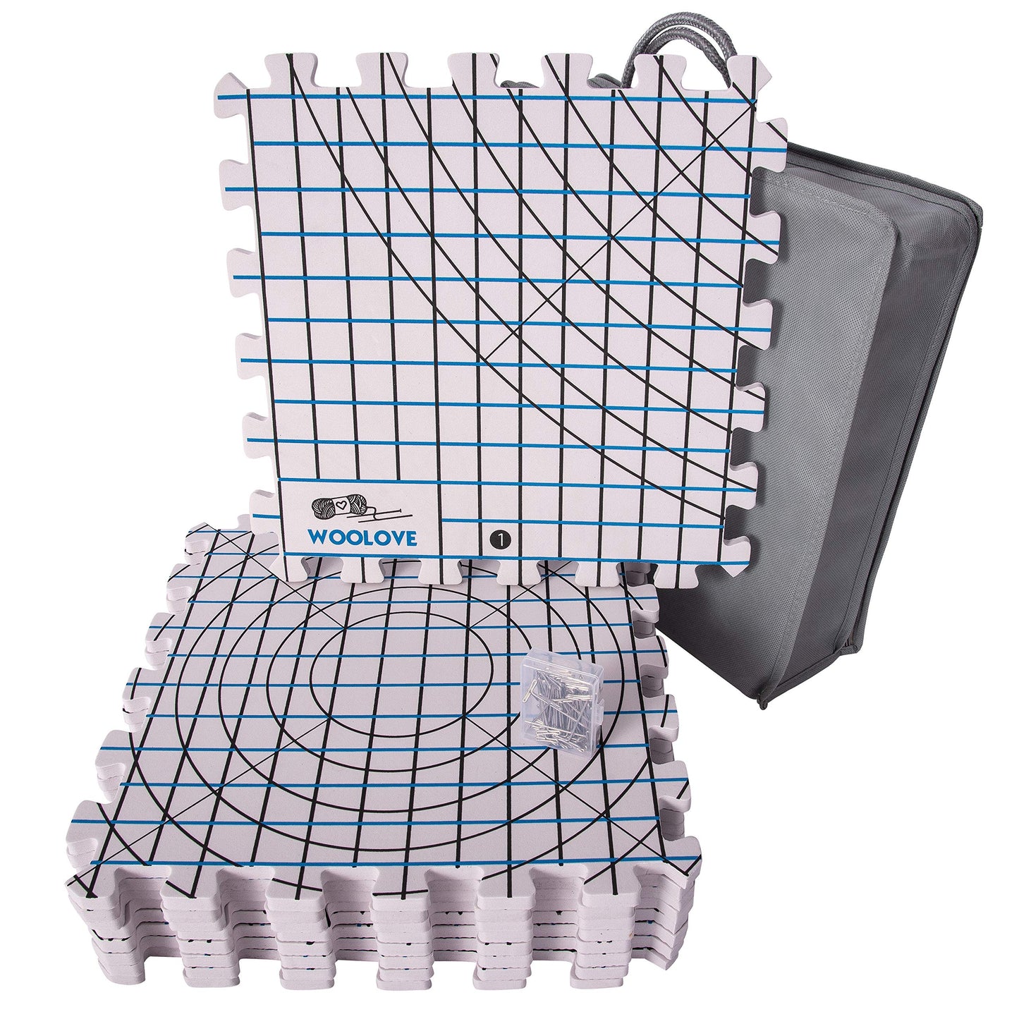 Blocking Mats for Wet and Steam Blocking by Woolove - Set of 9 Marked with Numbers to get Precise Grid -1 cm thickness Includes 50 t pins and Storage Bag