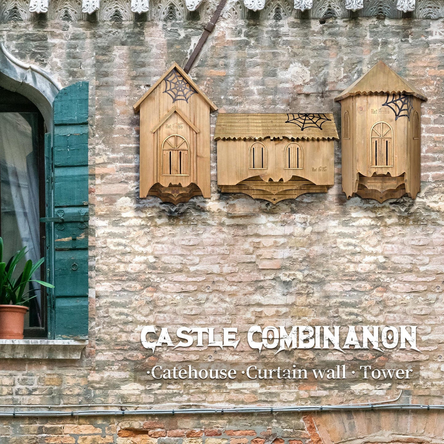 Wooden Castle Bat House with Gatehouse/Tower/Curtain Wall Design, Large Ventilated 2/3 Chamber Bat Box, Ideal for Outdoor Bat Attraction, Easy to Hang