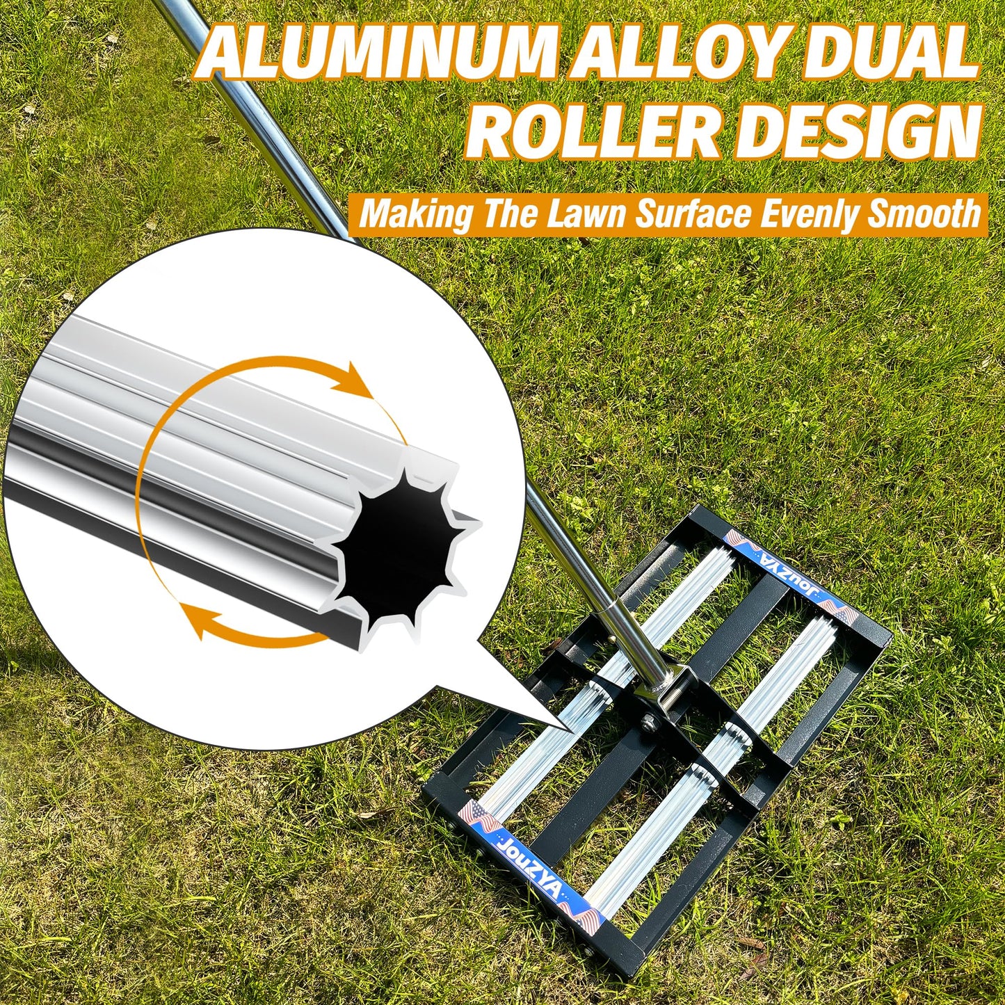Updated Lawn Leveling Rake with Aluminum Rollers, Stainless Steel 17"x10" Levelawn Tool , Heavy-Duty Lawn Leveler with 70" Extended Handle, Yard Leveling Rake Suit for Garden, Golf Lawn, Farm