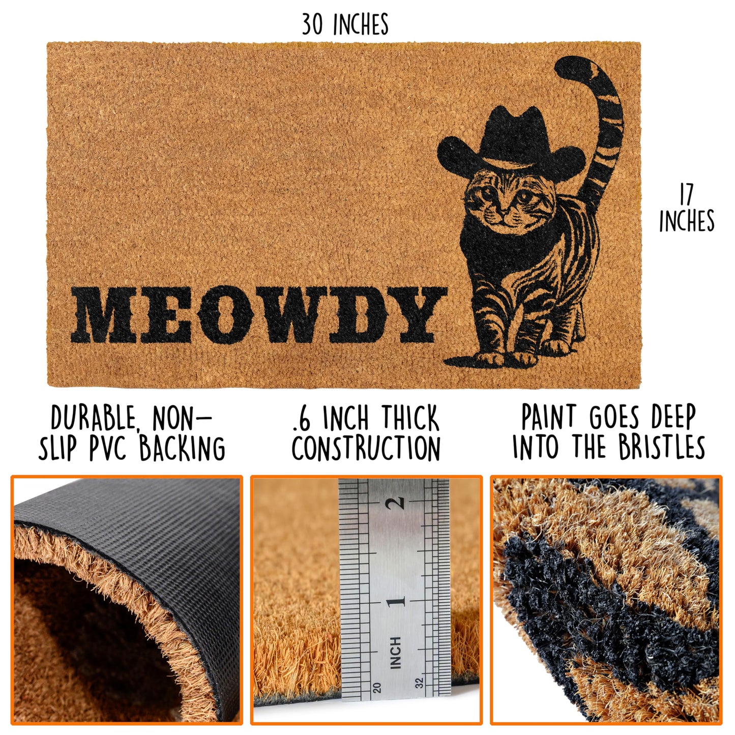Meowdy Doormat 30x17 Inch, Cat Front Door Mat for Covered Area, Black Cat Welcome Mats for Front Door Gift, Coir Doormat