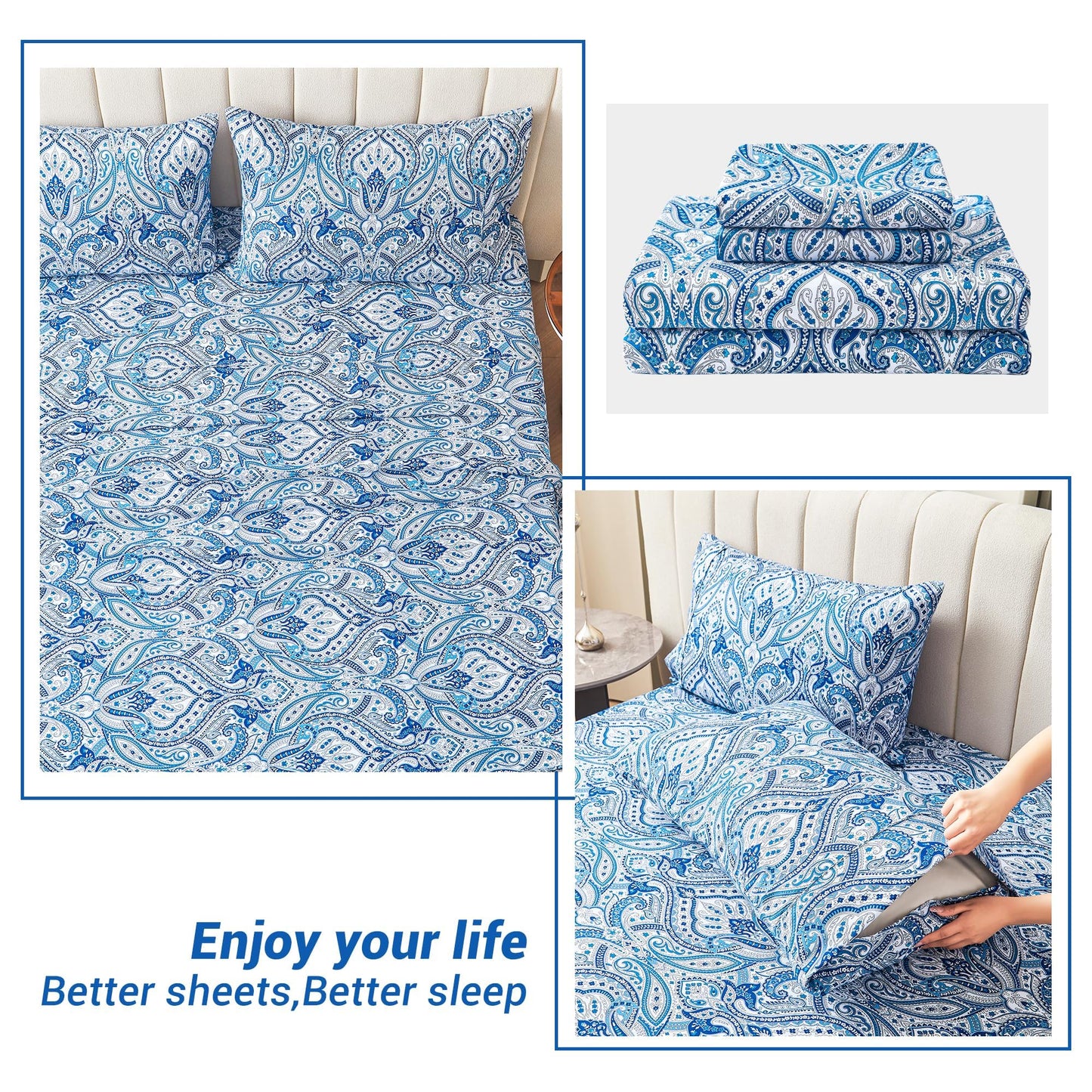Blue Paisley Printed Bed Sheets Queen Size, Floral Sheet Set Queen, Brushed Microfiber Fitted Sheet with 15" Deep Pocket, Flower Sheet & Pillowcase Sets