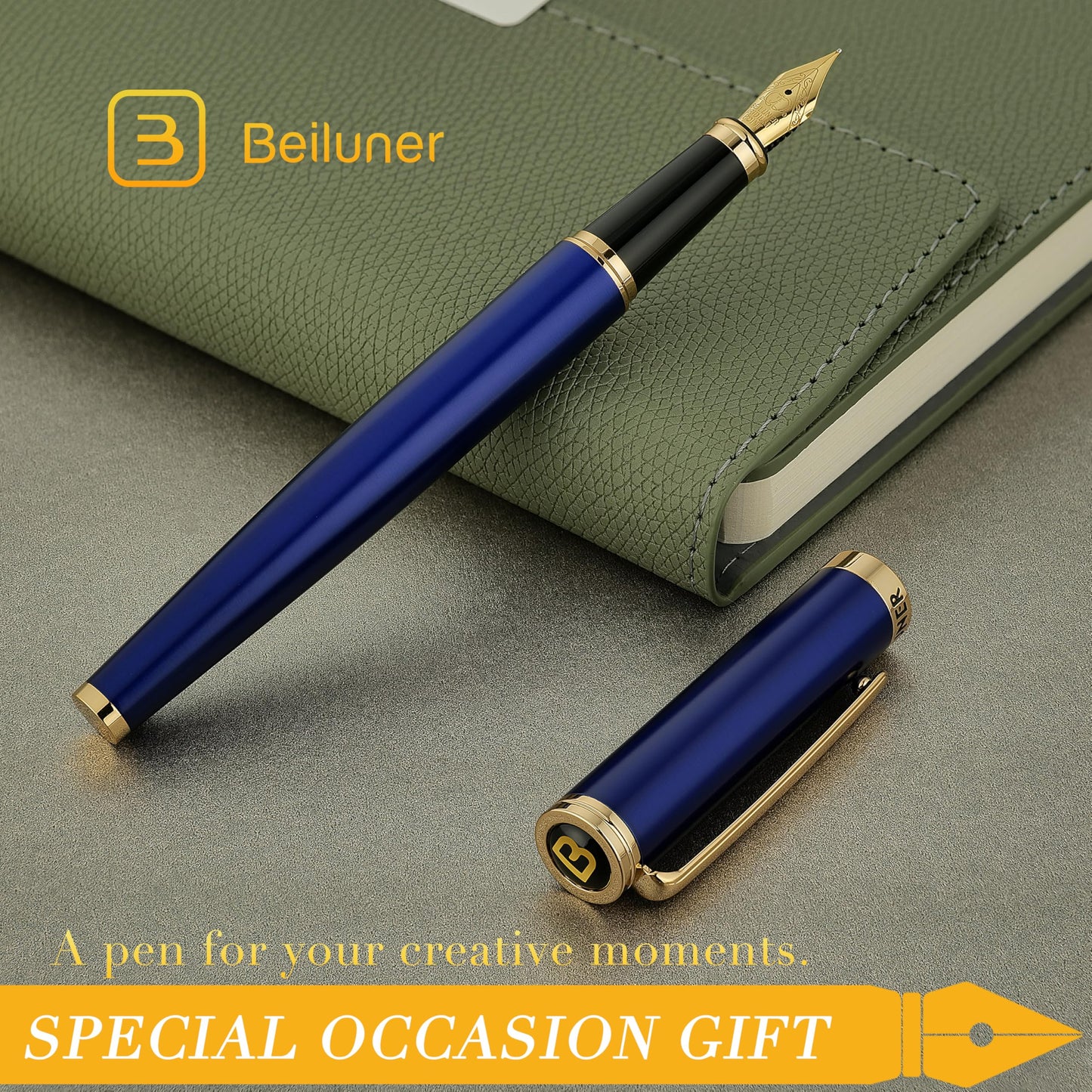 BEILUNER Blue Fountain Pen,Stunning Luxury Lacquer, 24K Gilded Nib(Fine),Gorgeous 24K Gold Accents, with Ink Converter,Fancy Gift for Men&Women-Smooth,Elegant,Graduation,Reliable,Nice Pens for Writing