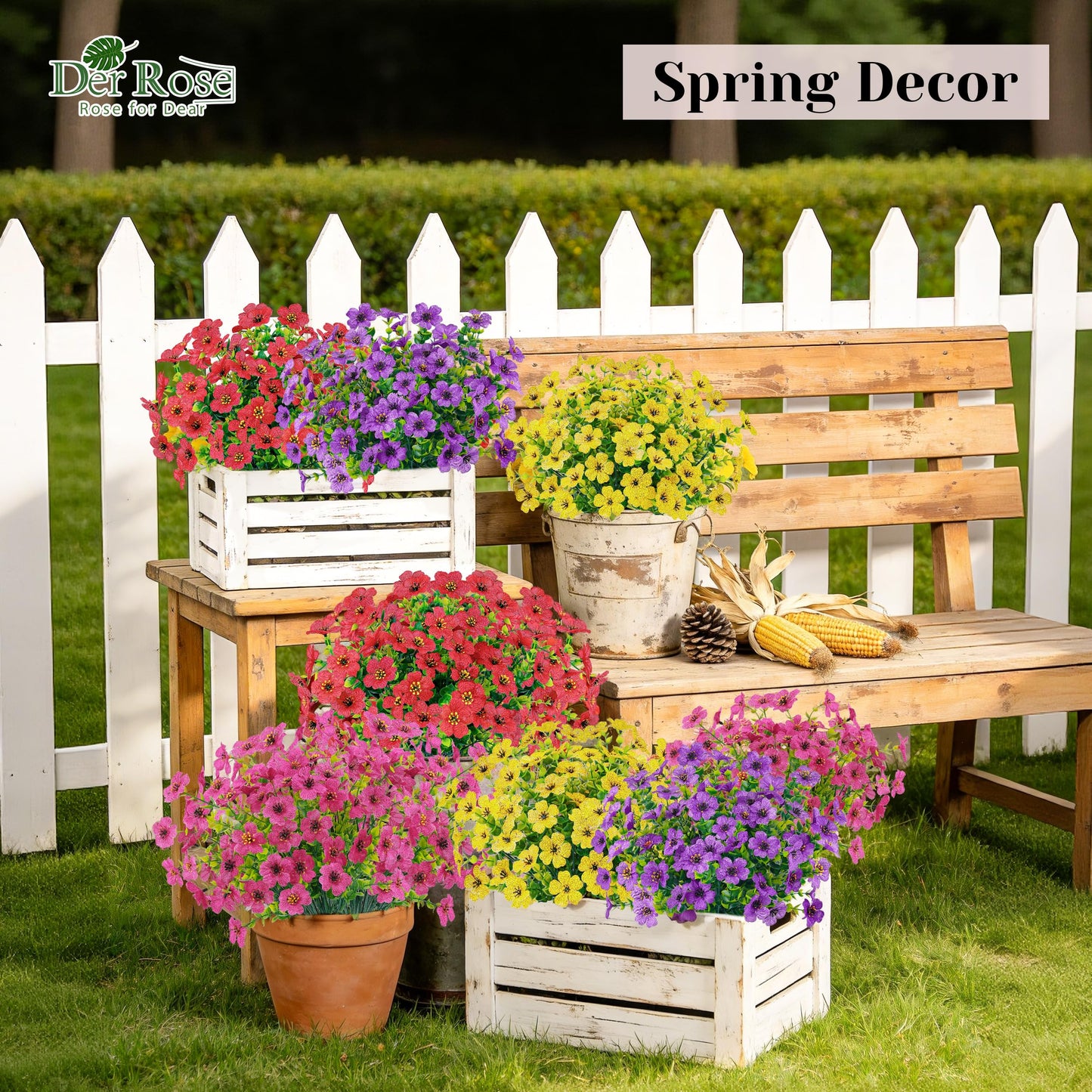 Der Rose 24 Bundles Artificial Flowers for Outdoors Fake Flowers Plants Spring Summer Decoration UV Resistant for Outside Home Porch Patio Garden Decor