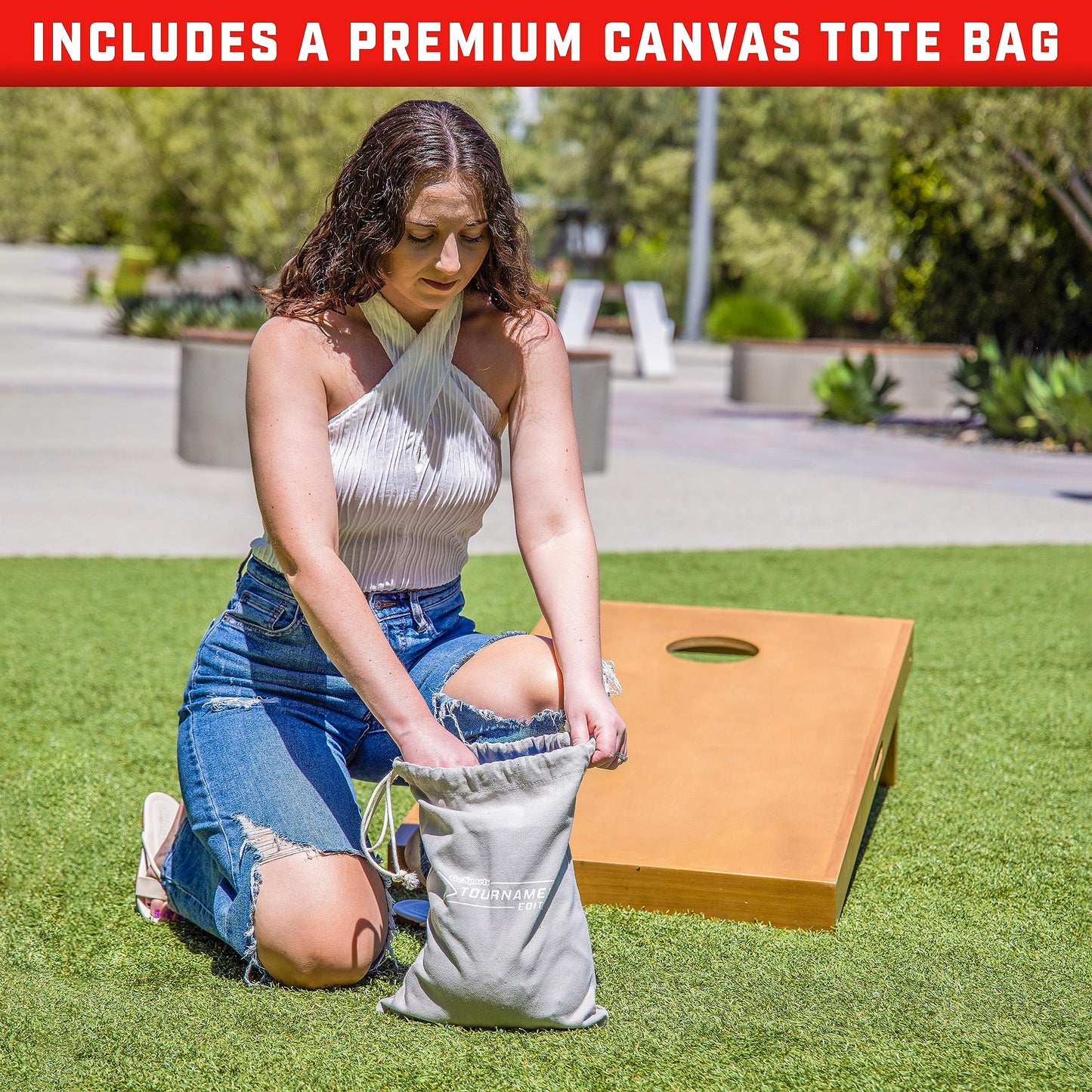 GoSports Dual Sided Cornhole Bean Bags - Slide and Stop Regulation Tournament Bean Bags, Set of 8 - Red and Blue