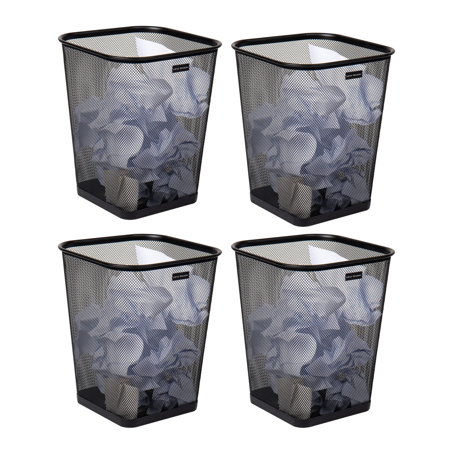 Mind Reader Mesh Trash Can, Waste Paper Basket, Square, Office, Metal Mesh, 24.8 L x 24.8 W x 34.3 H cm, Set of 4, Black