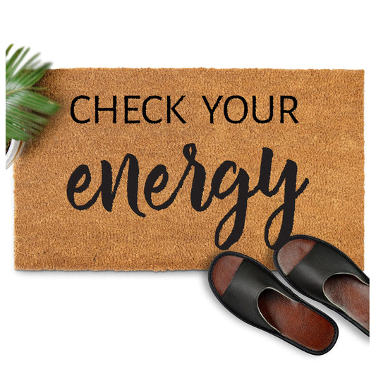 Check Your Energy Doormat Outdoor Entrance 30x17 Inch, Outdoor Spaces, Check Your Energy Welcome Mat, Funny Outdoor Door Mat