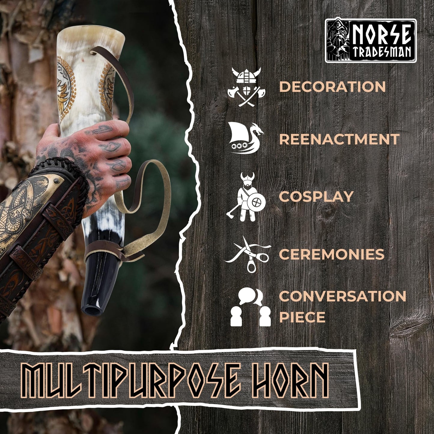 Norse Tradesman Viking War Horn – 12" Blow Horn Battle Trumpet Crafted from Authentic Premium Ox Horn – Hand Engraved with Norse Wolves – A Stirring Piece of History – "The Howler"