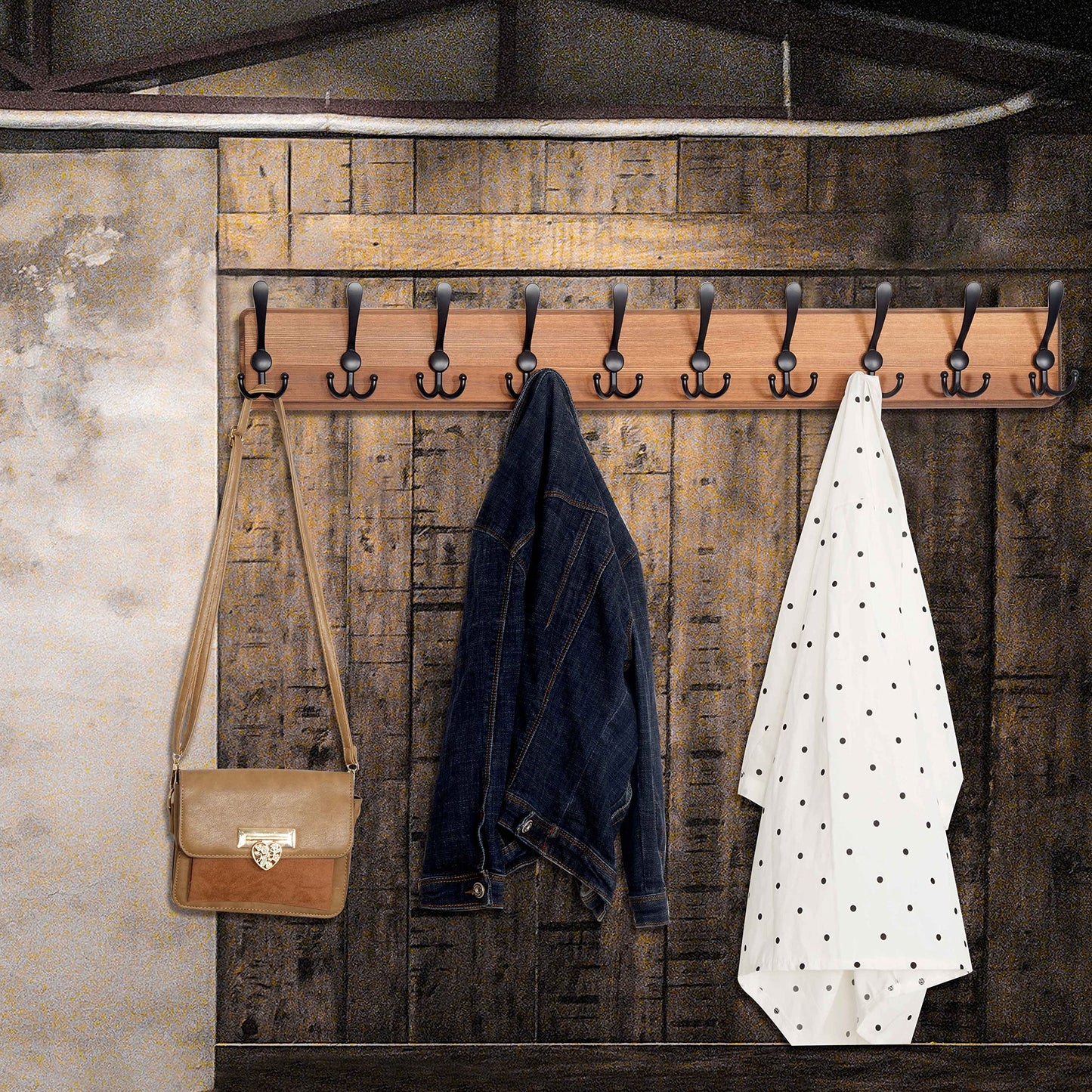 WEBI Coat Rack Wall Mount,38 9/16'' Long,10 Hooks,Coat Hooks Wall Mounted,Coat Hanger Wall,Wood Hook Rack Rail,Triple Hooks for Hanging Coats,Clothes,Jacket