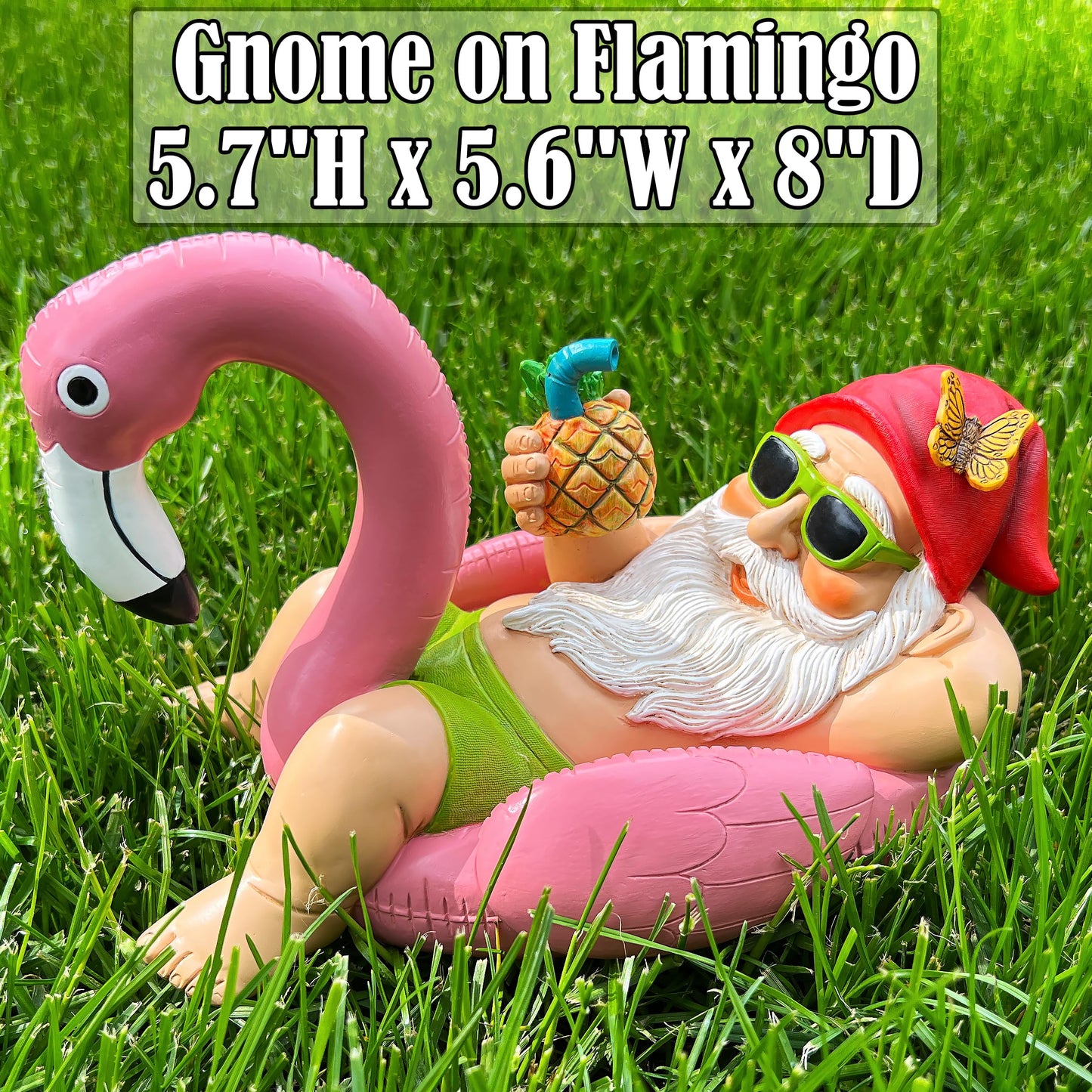 Mood Lab Garden Gnome on Flamingo - Funny Gnome Figurine - 8 Inch Depth Lawn Statue - for Outdoor or House Decor