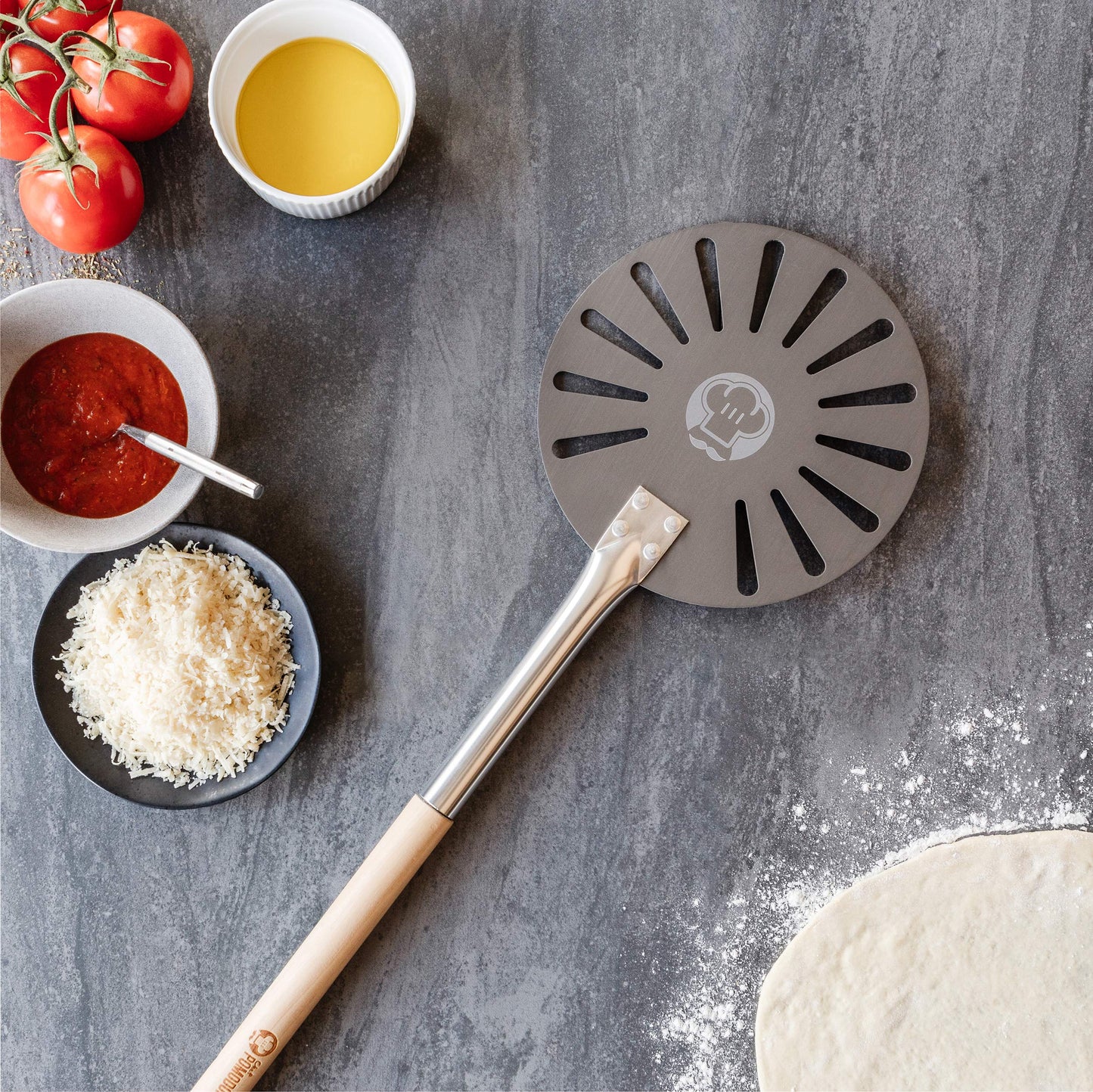 Chef Pomodoro Aluminum Turning Pizza Peel with Detachable Wood Handle for Easy Storage, Gourmet Luxury Pizza Paddle for Baking Homemade Pizza Bread (9-Inch)
