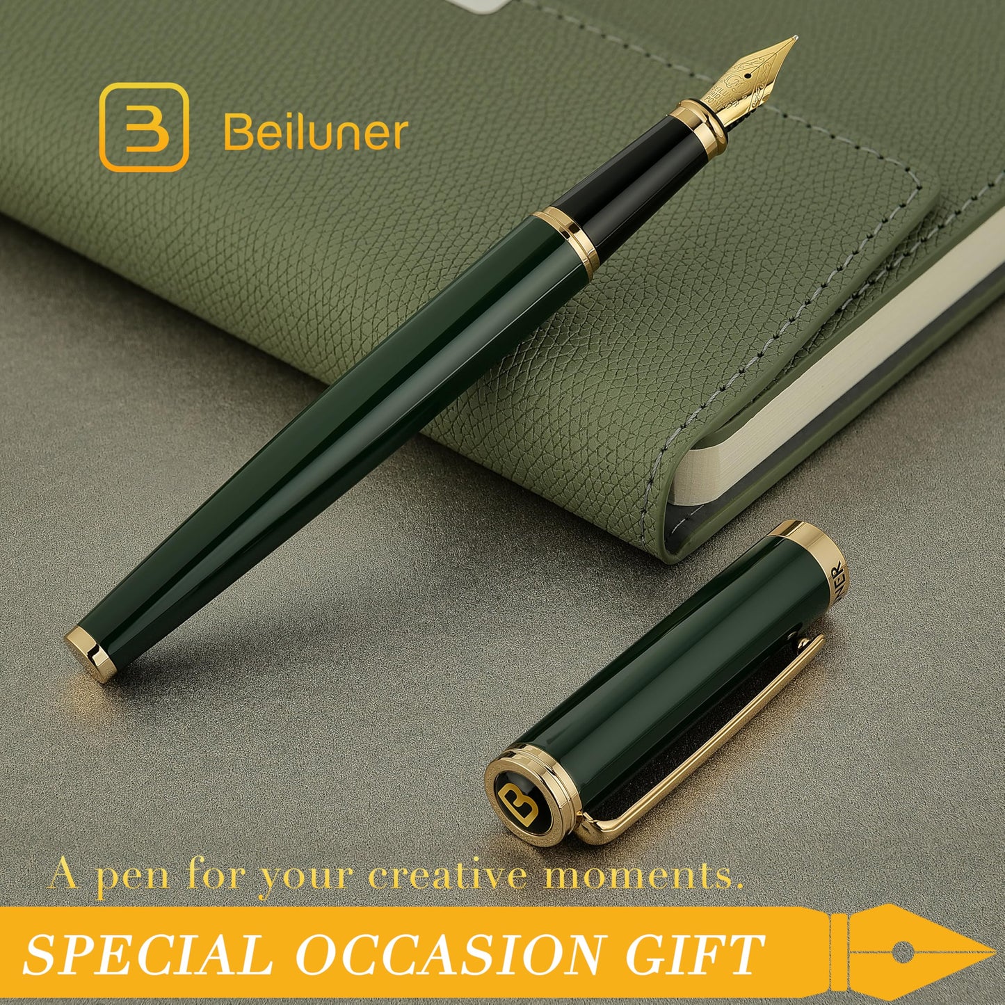 BEILUNER British Racing Green Fountain Pen,Stunning Luxury Pens with 24K Gold Accents, Gorgeous 24K Gilded Nib(Medium), Ink Converter, Pen Gift for Men&Women-Elegant, Reliable,Fancy for Writing