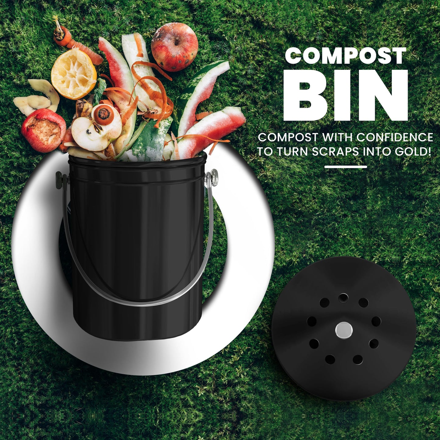 KICHLY Compost Bin, Stainless Steel Bin for Kitchen Countertop, 1.3 Gallon Composting Bucket, Compost Pail with Lid, Includes 1 Spare Charcoal Filter, Black