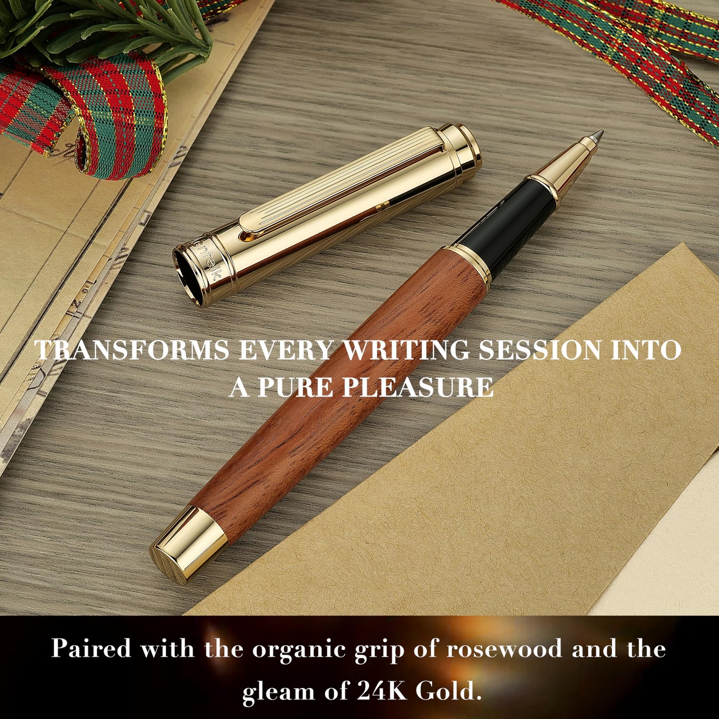 MCNTEIK 316 Luxury Journaling Pen, Nice Natural Wood for Writing, 24K Gold Accents, Schmidt refill, Fancy Rollerball, Gift Set for Men&Women, Executive&Professional Christmas Office, Pens-Rosewood