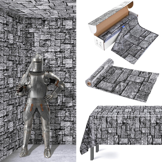 Aneco Halloween Stone Wall Tablecloth Roll with Cutter Box 120 Ft X 54 Inch Disposable Brick Stone Plastic Table Cover Medieval Brick Wall Backdrops for Castle Knight Theme Parties and Birthdays