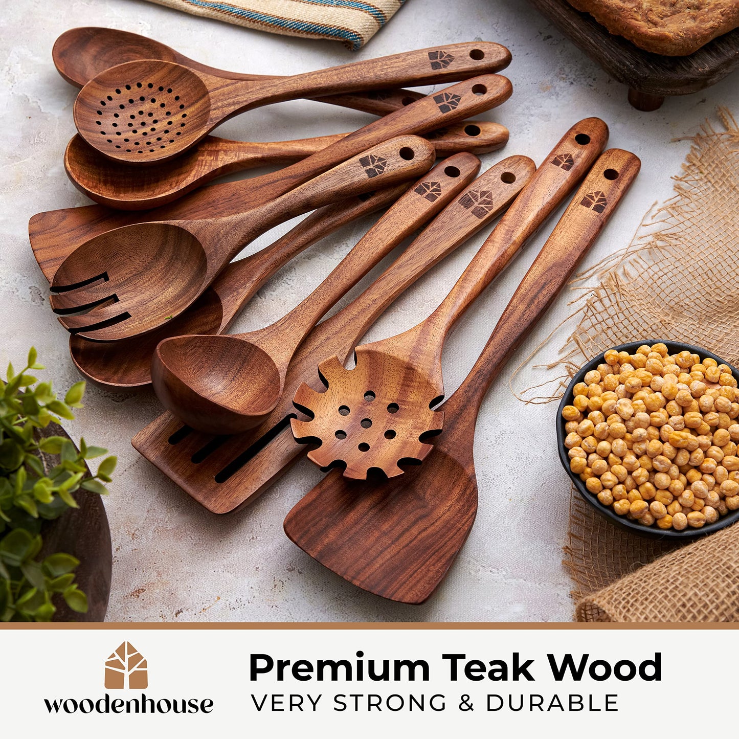 Wooden Spoons for Cooking, Kitchen Utensil Set, 10 Pcs Cooking Utensils Set for Nonstick Pans & Cookware – Study Teak Wood, Lightweight & Heat Resistant