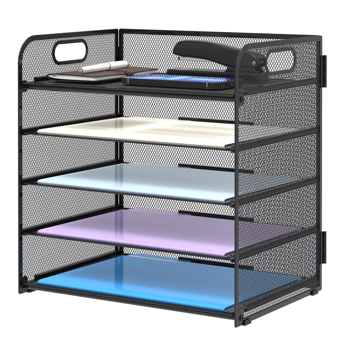 Supeasy 5 Trays Paper Organizer Letter Tray with Handle-Mesh Desk File Organizer, Paper Sorter for Office, Home or School, Black