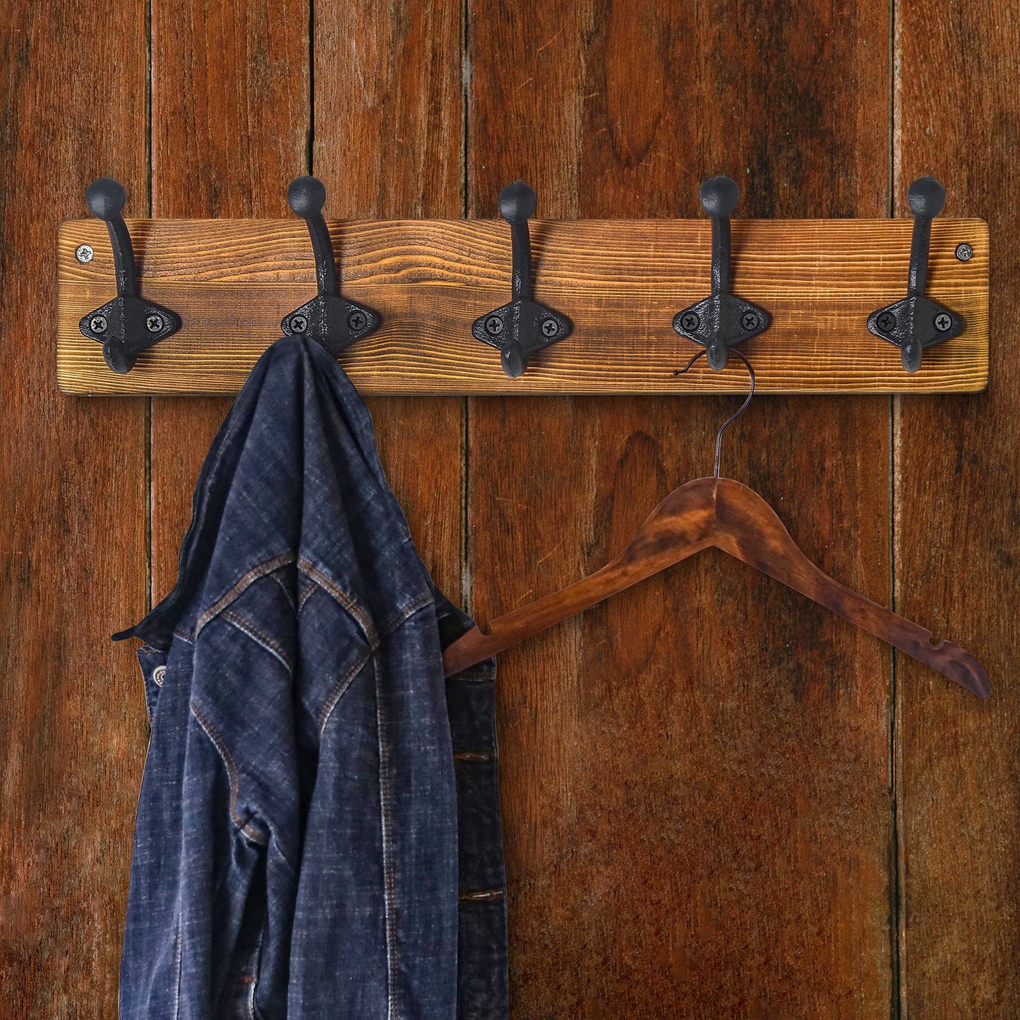 WEBI Rustic Coat Rack Wall Mount,5 Cast Iron Coat Hooks Wall Mounted,Heavy Duty Antique Vintage Hooks for Hanging Coats,Jacket,Clothes,Brown