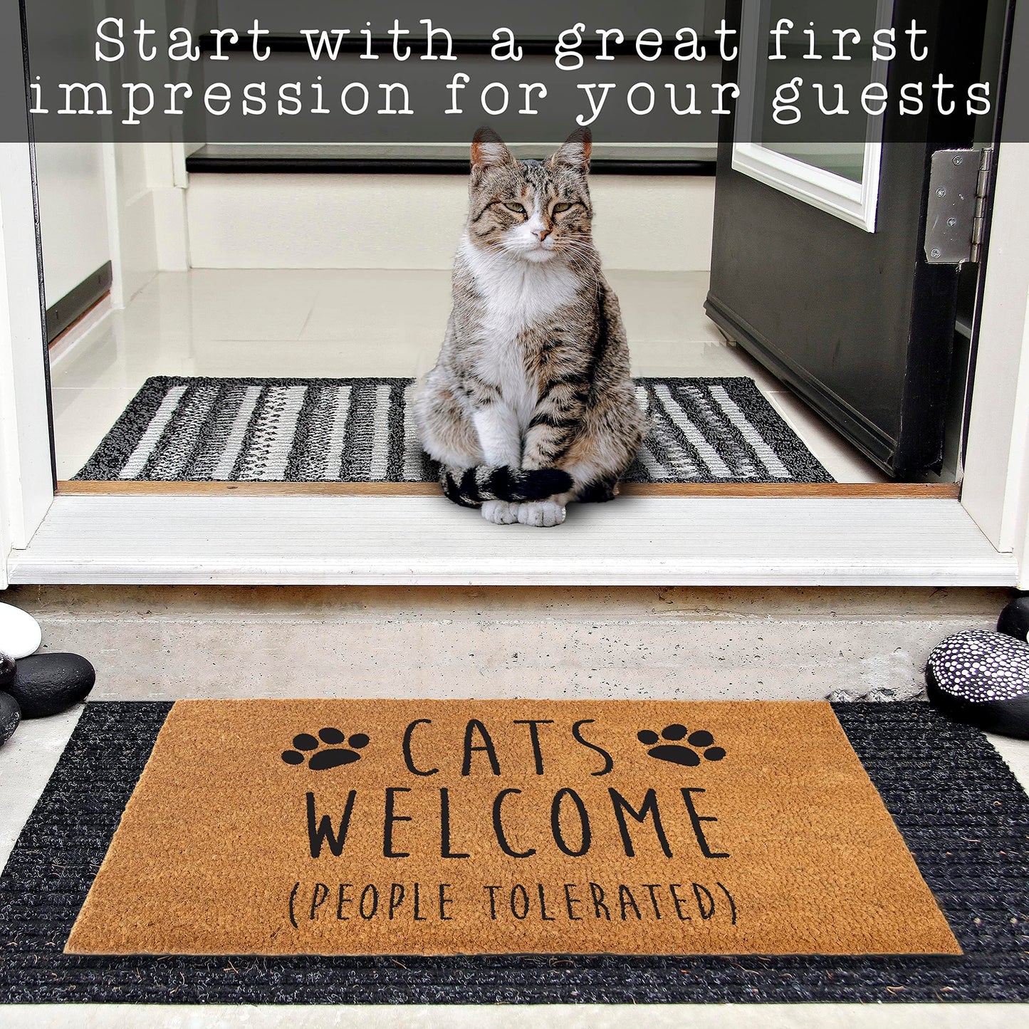 Cats Welcome People Tolerated Doormat 30x17 Inch, Cat Door Mat for Covered Outdoor Area, Black Cat Welcome Mat Gift, Funny Outdoor Decor w/Non Slip PVC Backing