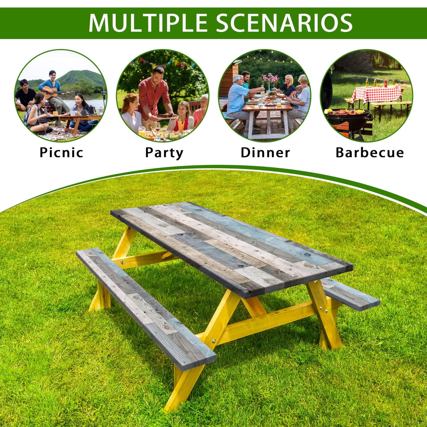 Picnic Table Cover with Bench Covers Farmhouse Outdoor Picnic Table Covers with Elastic Waterproof Tablecloths for Rectangle Picnic Tables for Camping Party Travel