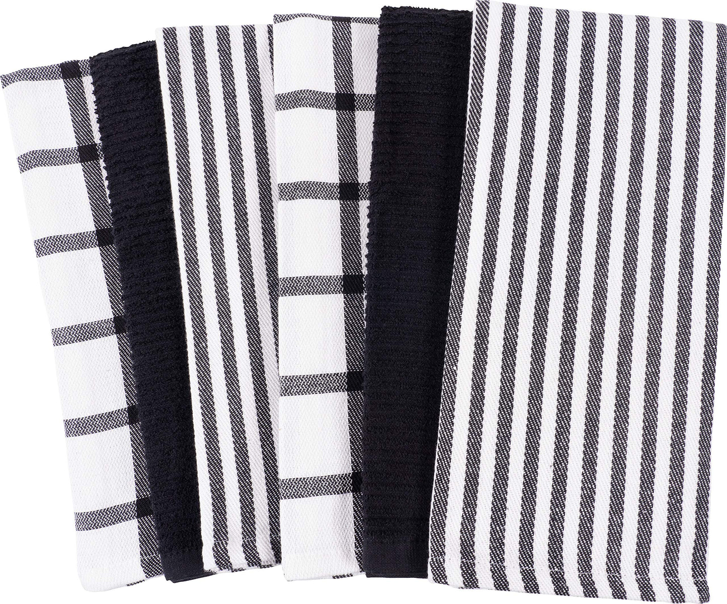 Flat Weave Tea Kitchen Towels - Set of 6 Towels 18 x 28 Inches, 4 Flat Weave Towels For Cooking & Drying Dishes, 2 Tea Towels For Spills & Kitchen Messes (Black)