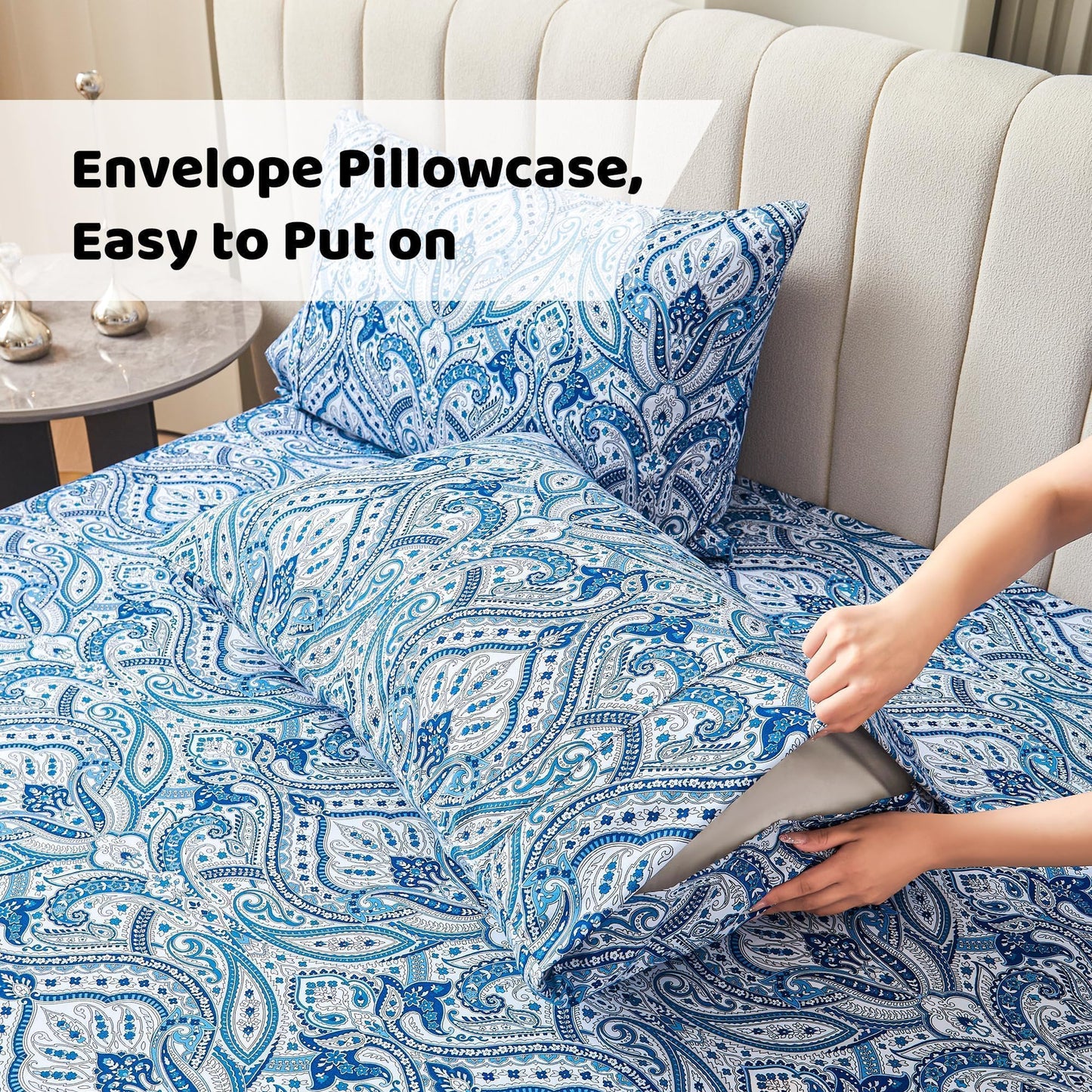 Blue Paisley Printed Bed Sheets Queen Size, Floral Sheet Set Queen, Brushed Microfiber Fitted Sheet with 15" Deep Pocket, Flower Sheet & Pillowcase Sets